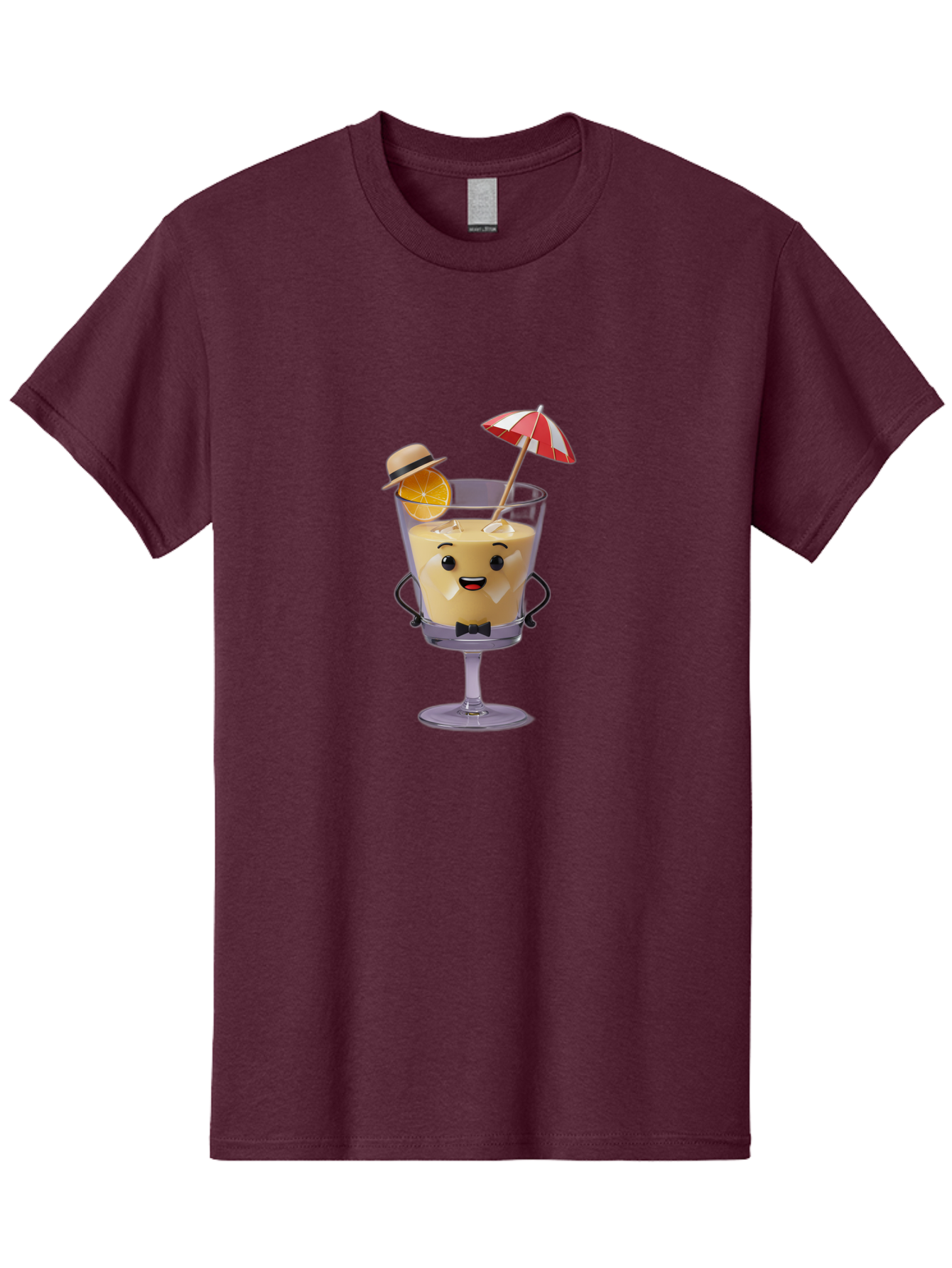 Creamy-Cocktail Men'S Graphic Tee, 100% Cotton, Comfortable Casual Summer Wear, Machine Washable, Fun Cocktail, Orange Slice, Red And White Umbrella, Beige Hat, Smiling Face, Bow Tie, Summer Drink, Refreshing Beverage Bac929