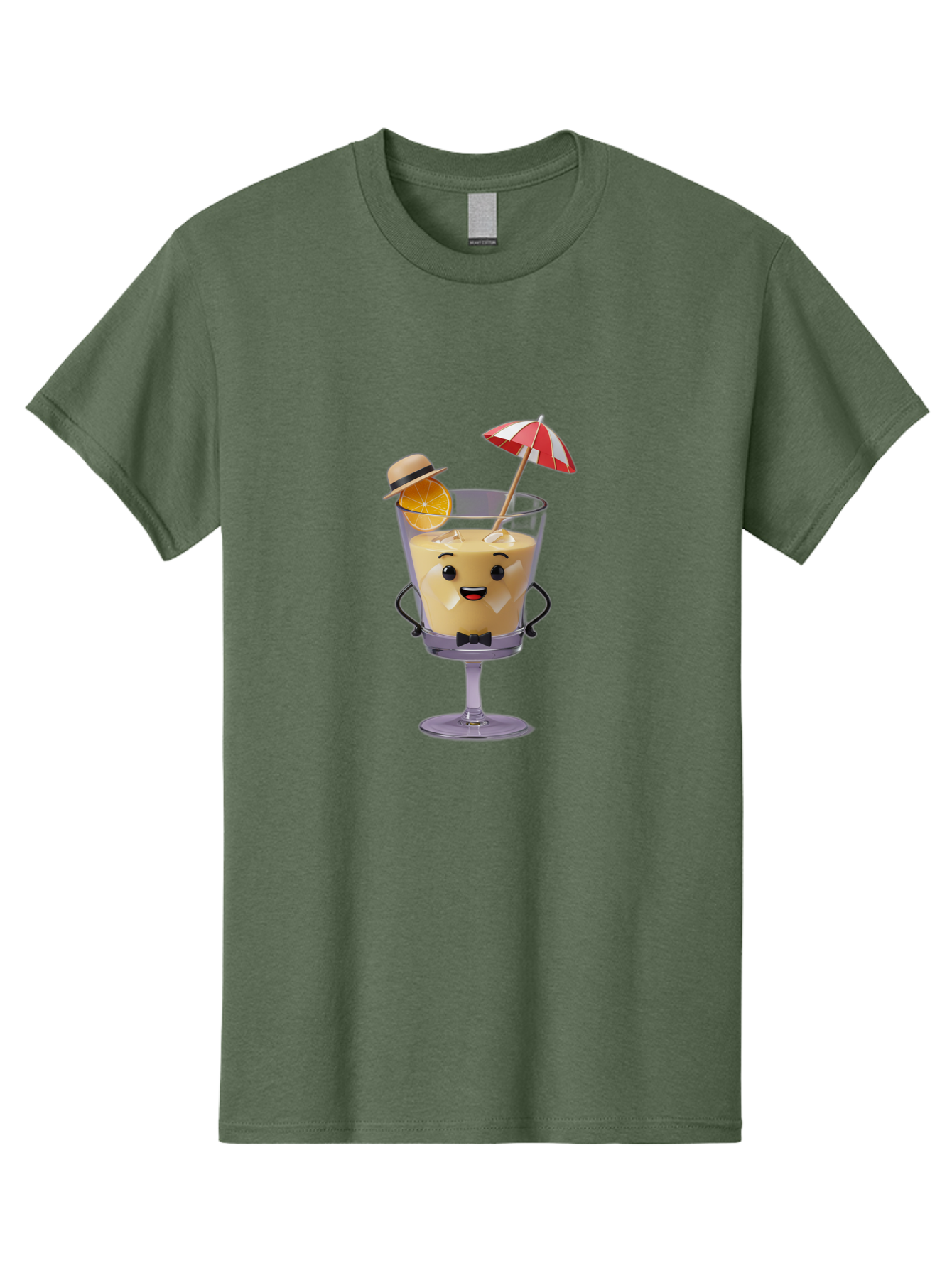 Creamy-Cocktail Men'S Graphic Tee, 100% Cotton, Comfortable Casual Summer Wear, Machine Washable, Fun Cocktail, Orange Slice, Red And White Umbrella, Beige Hat, Smiling Face, Bow Tie, Summer Drink, Refreshing Beverage Bac929