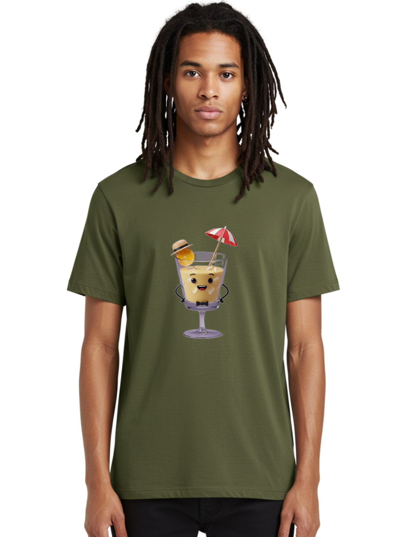 Creamy-Cocktail Men'S Graphic Tee, 100% Cotton, Comfortable Casual Summer Wear, Machine Washable, Fun Cocktail, Orange Slice, Red And White Umbrella, Beige Hat, Smiling Face, Bow Tie, Summer Drink, Refreshing Beverage Bac929