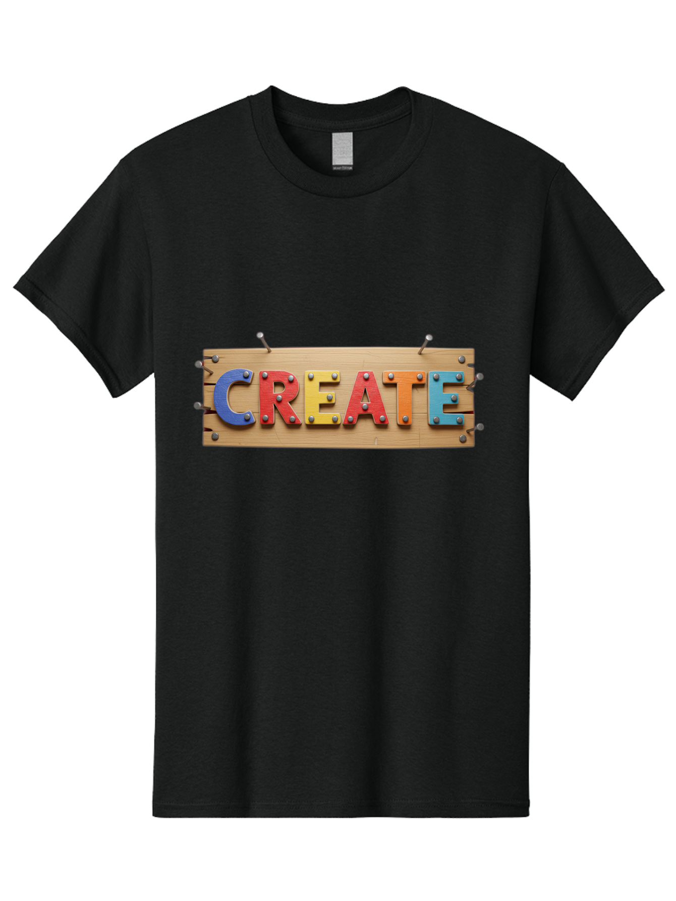 Create Men'S Graphic Tee, 100% Cotton, Comfortable Casual Summer Wear, Machine Washable, Create Sign, Wooden Board, Colorful Letters, Metal Screws, Creative Inspiration, Artistic Expression, Diy Projects, Imagination Sparks, Vibrant Colors Bac930