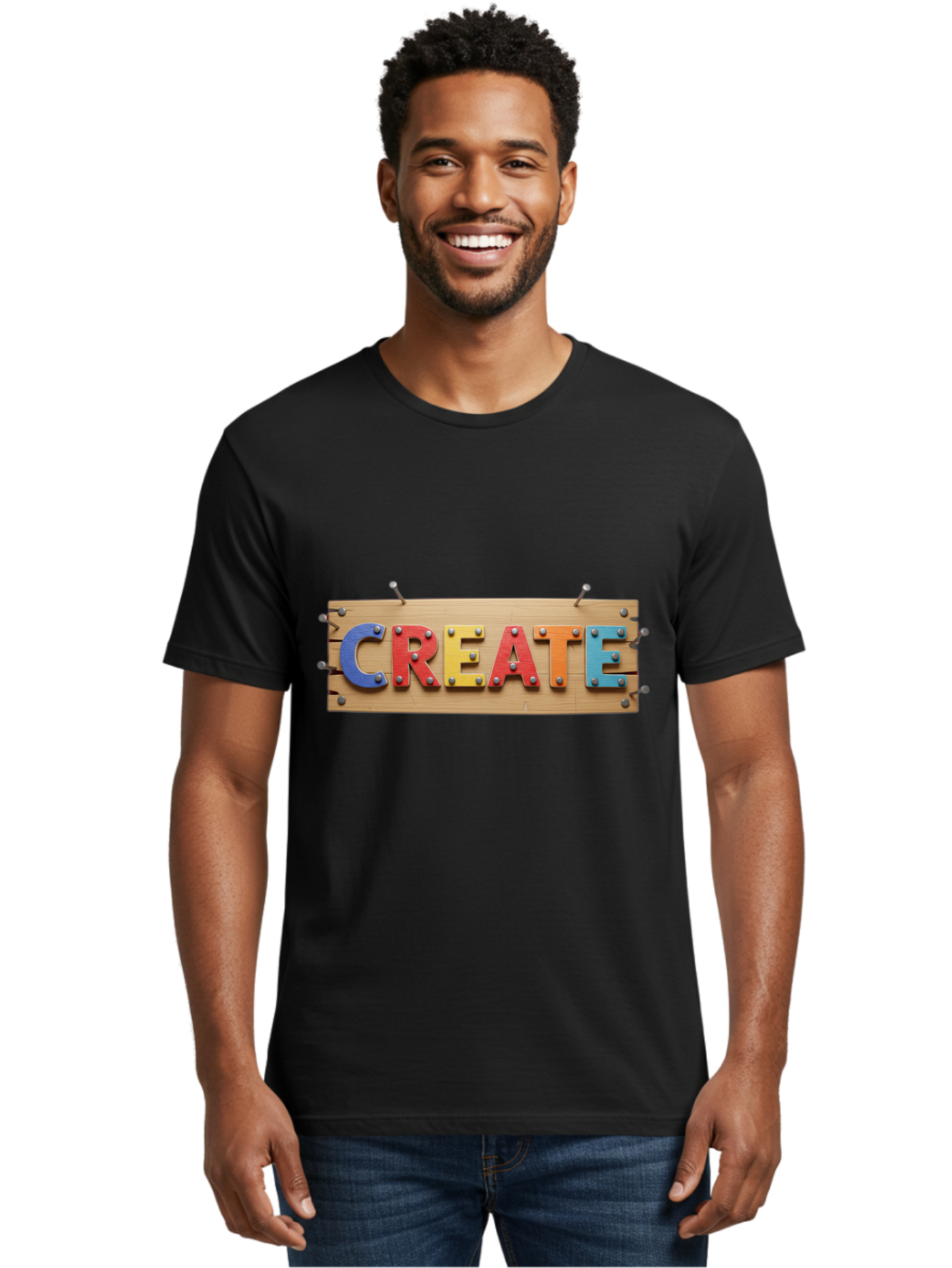 Create Men'S Graphic Tee, 100% Cotton, Comfortable Casual Summer Wear, Machine Washable, Create Sign, Wooden Board, Colorful Letters, Metal Screws, Creative Inspiration, Artistic Expression, Diy Projects, Imagination Sparks, Vibrant Colors Bac930