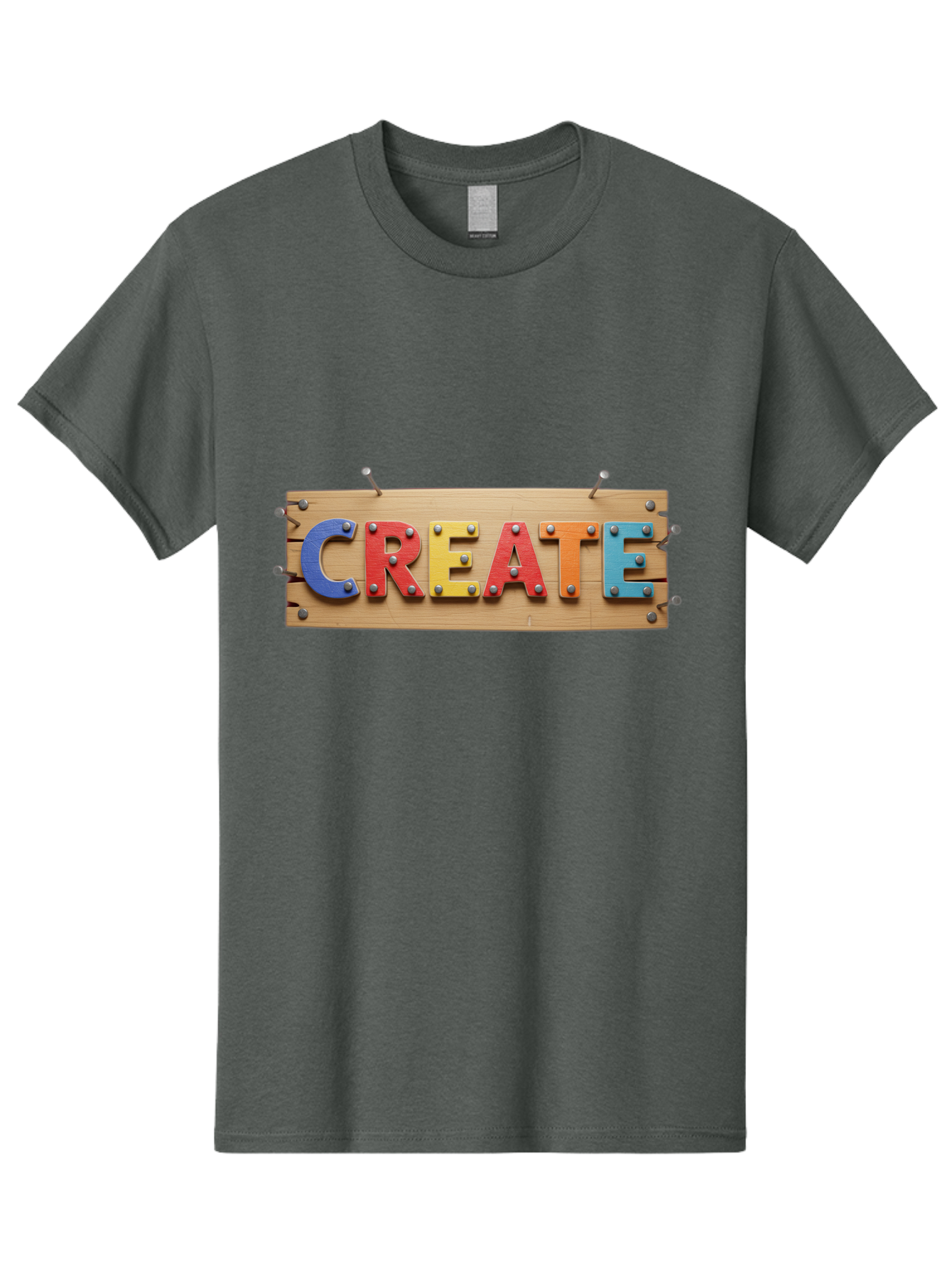 Create Men'S Graphic Tee, 100% Cotton, Comfortable Casual Summer Wear, Machine Washable, Create Sign, Wooden Board, Colorful Letters, Metal Screws, Creative Inspiration, Artistic Expression, Diy Projects, Imagination Sparks, Vibrant Colors Bac930