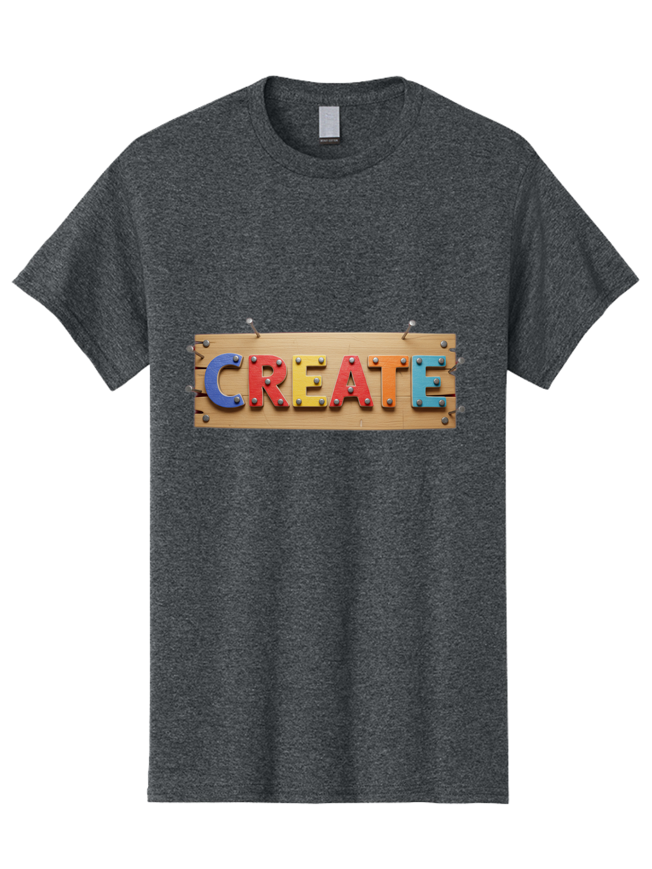 Create Men'S Graphic Tee, 100% Cotton, Comfortable Casual Summer Wear, Machine Washable, Create Sign, Wooden Board, Colorful Letters, Metal Screws, Creative Inspiration, Artistic Expression, Diy Projects, Imagination Sparks, Vibrant Colors Bac930