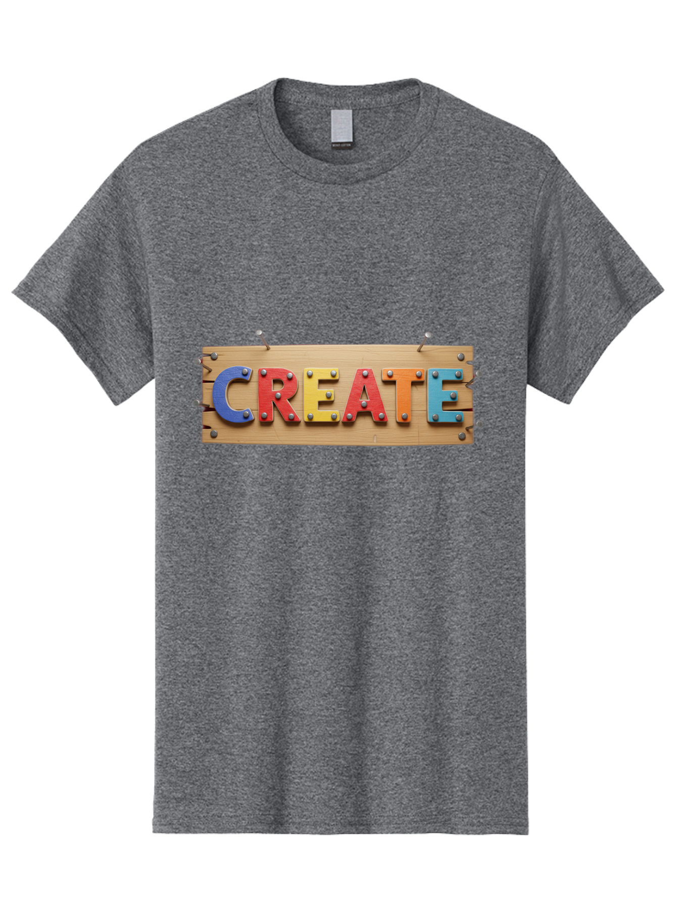 Create Men'S Graphic Tee, 100% Cotton, Comfortable Casual Summer Wear, Machine Washable, Create Sign, Wooden Board, Colorful Letters, Metal Screws, Creative Inspiration, Artistic Expression, Diy Projects, Imagination Sparks, Vibrant Colors Bac930