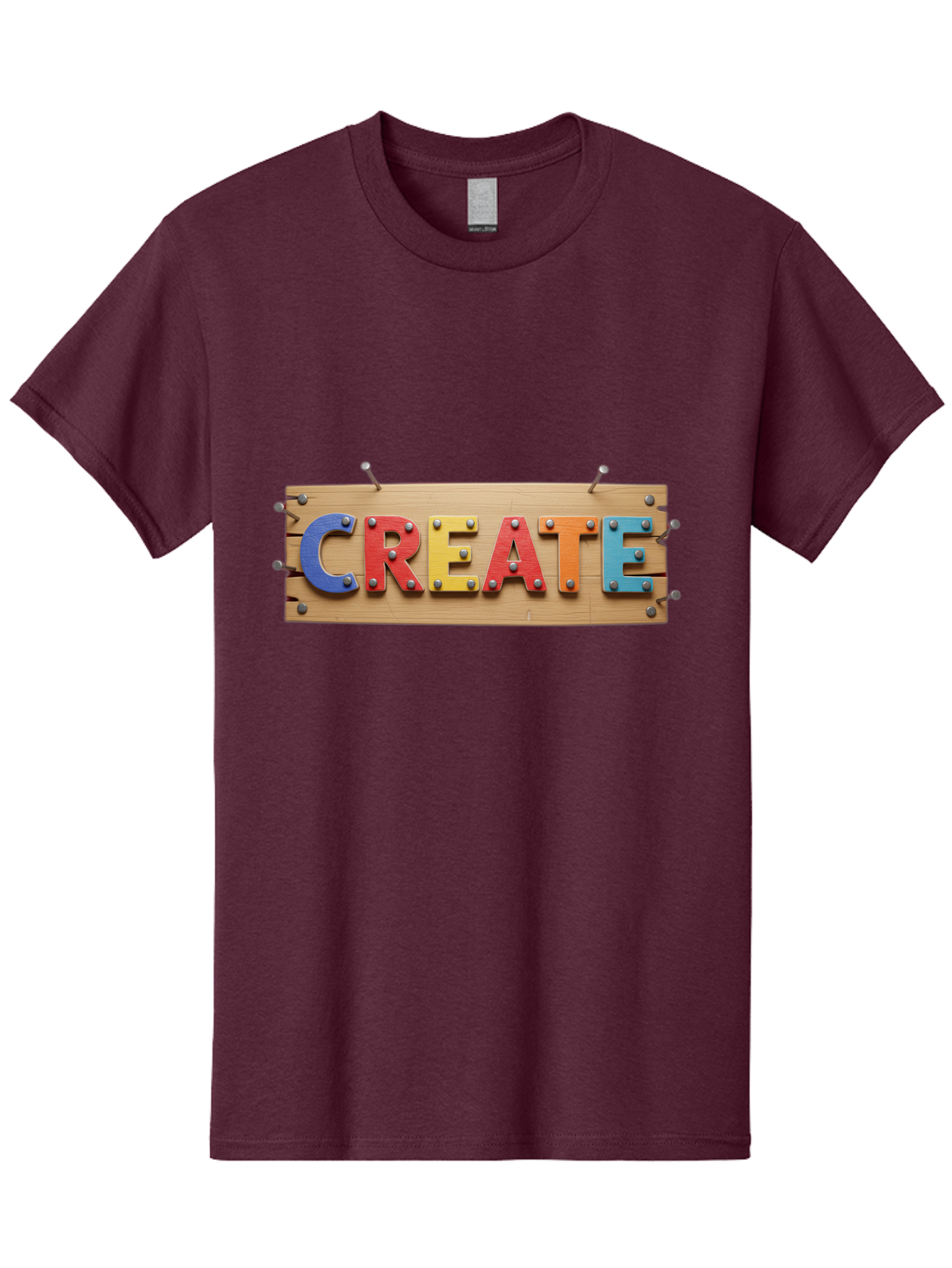 Create Men'S Graphic Tee, 100% Cotton, Comfortable Casual Summer Wear, Machine Washable, Create Sign, Wooden Board, Colorful Letters, Metal Screws, Creative Inspiration, Artistic Expression, Diy Projects, Imagination Sparks, Vibrant Colors Bac930