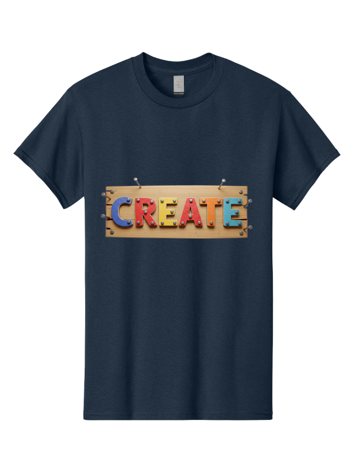 Create Men'S Graphic Tee, 100% Cotton, Comfortable Casual Summer Wear, Machine Washable, Create Sign, Wooden Board, Colorful Letters, Metal Screws, Creative Inspiration, Artistic Expression, Diy Projects, Imagination Sparks, Vibrant Colors Bac930