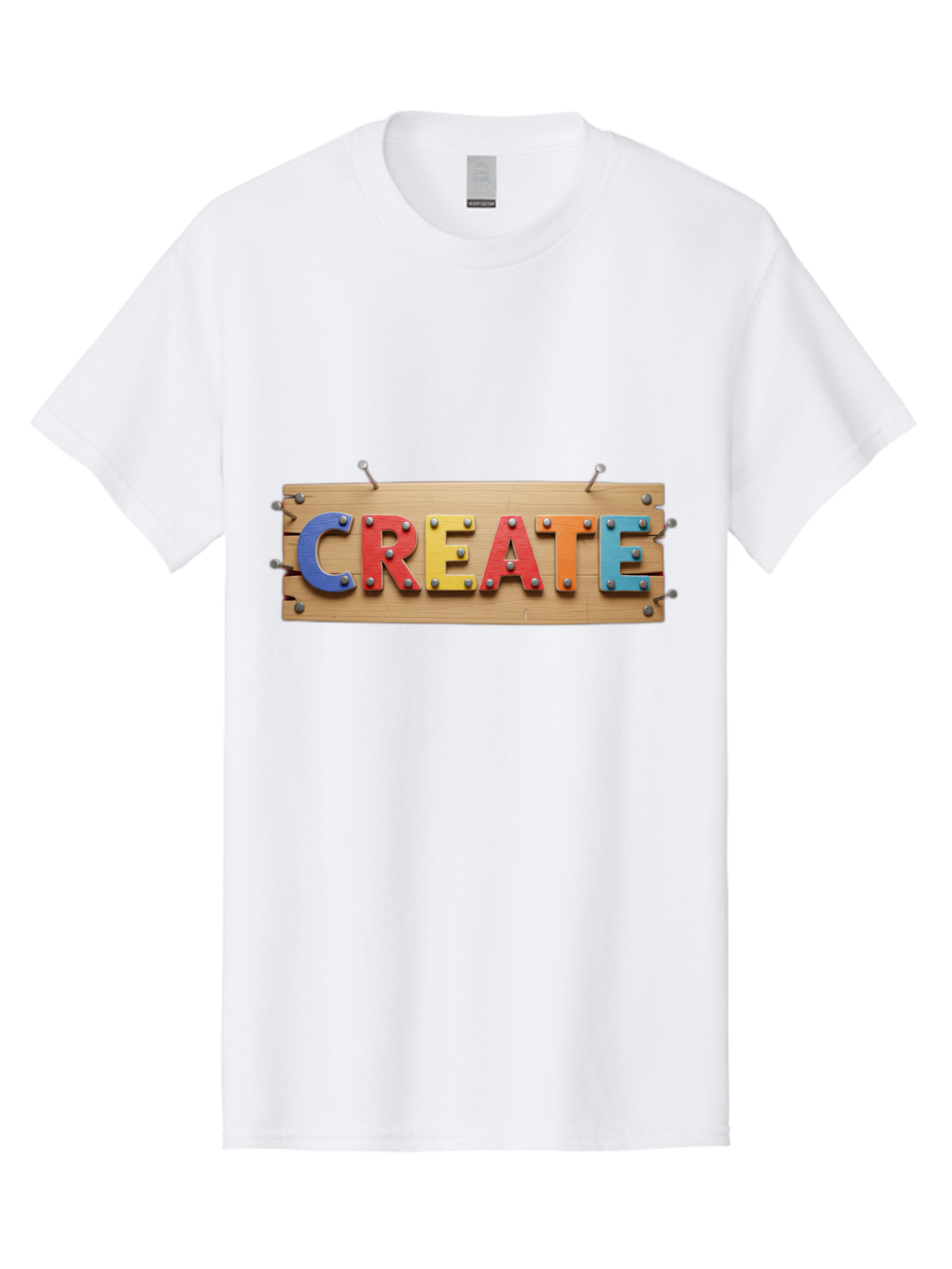 Create Men'S Graphic Tee, 100% Cotton, Comfortable Casual Summer Wear, Machine Washable, Create Sign, Wooden Board, Colorful Letters, Metal Screws, Creative Inspiration, Artistic Expression, Diy Projects, Imagination Sparks, Vibrant Colors Bac930