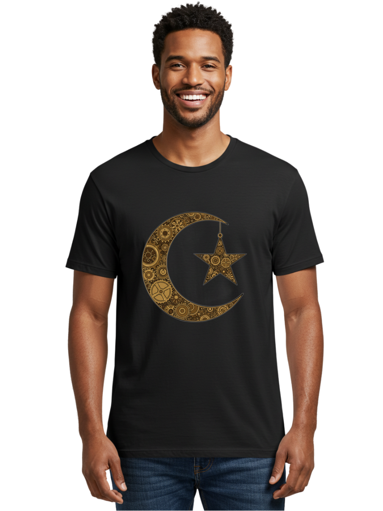 Crescent-Moon-And-Star Men'S Graphic Tee, 100% Cotton, Comfortable Casual Summer Wear, Machine Washable, Crescent Moon Symbol, Hanging Star, Intricate Gears, Mechanical Design, Steampunk Elements, Islamic Symbols, Ornate Details, Bac931