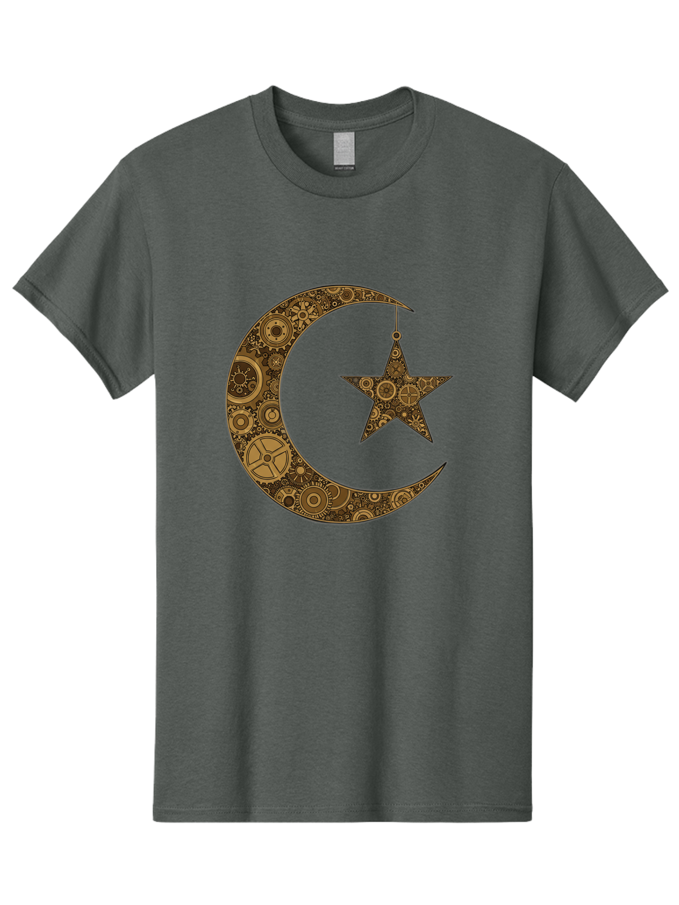Crescent-Moon-And-Star Men'S Graphic Tee, 100% Cotton, Comfortable Casual Summer Wear, Machine Washable, Crescent Moon Symbol, Hanging Star, Intricate Gears, Mechanical Design, Steampunk Elements, Islamic Symbols, Ornate Details, Bac931