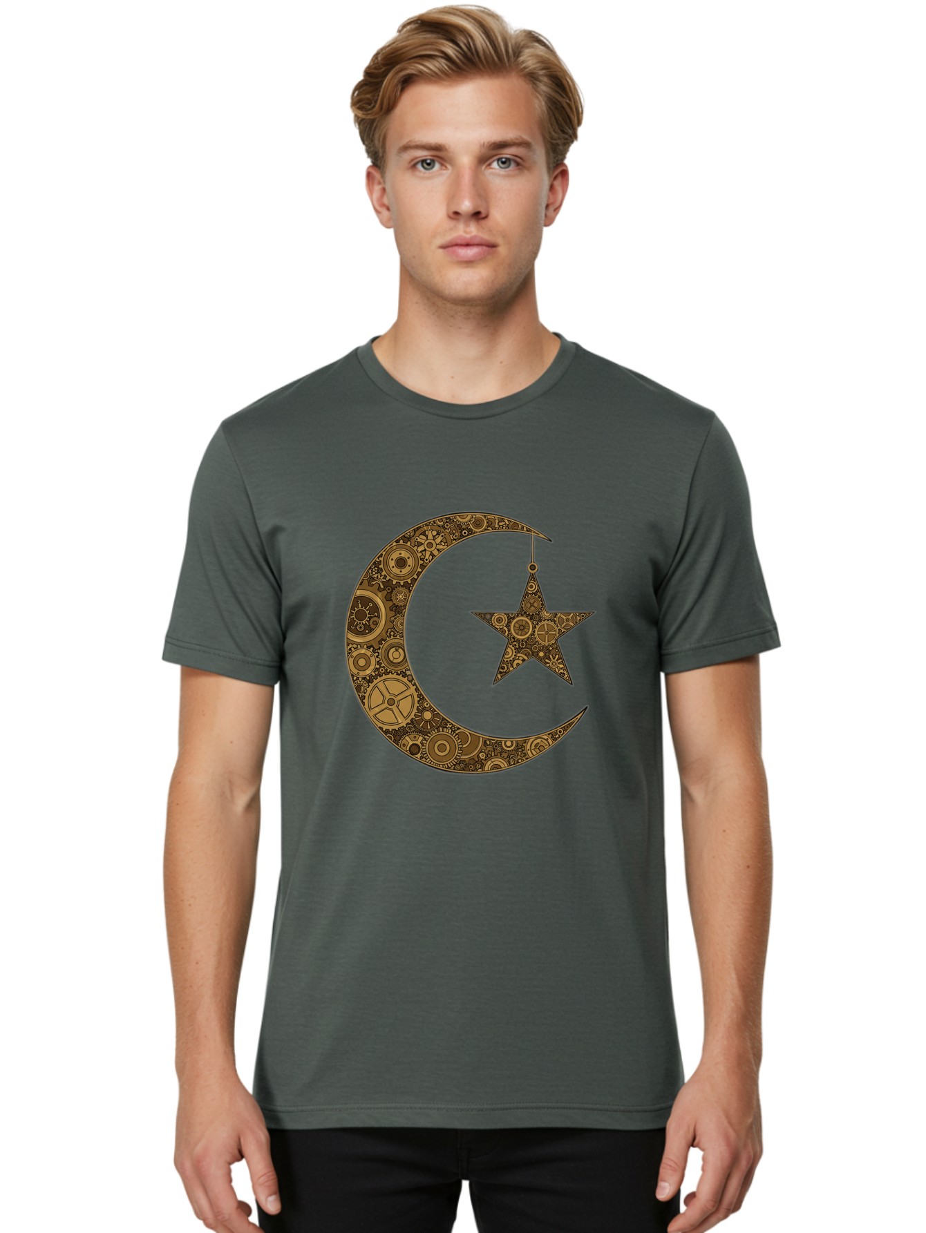 Crescent-Moon-And-Star Men'S Graphic Tee, 100% Cotton, Comfortable Casual Summer Wear, Machine Washable, Crescent Moon Symbol, Hanging Star, Intricate Gears, Mechanical Design, Steampunk Elements, Islamic Symbols, Ornate Details, Bac931