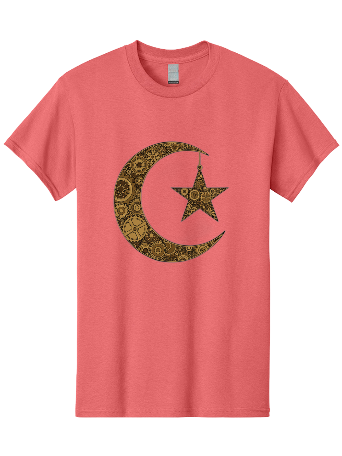 Crescent-Moon-And-Star Men'S Graphic Tee, 100% Cotton, Comfortable Casual Summer Wear, Machine Washable, Crescent Moon Symbol, Hanging Star, Intricate Gears, Mechanical Design, Steampunk Elements, Islamic Symbols, Ornate Details, Bac931