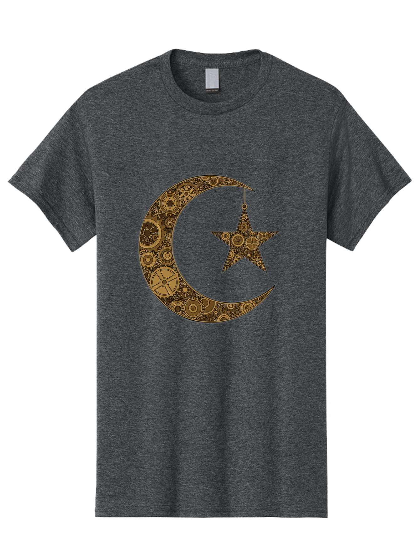 Crescent-Moon-And-Star Men'S Graphic Tee, 100% Cotton, Comfortable Casual Summer Wear, Machine Washable, Crescent Moon Symbol, Hanging Star, Intricate Gears, Mechanical Design, Steampunk Elements, Islamic Symbols, Ornate Details, Bac931