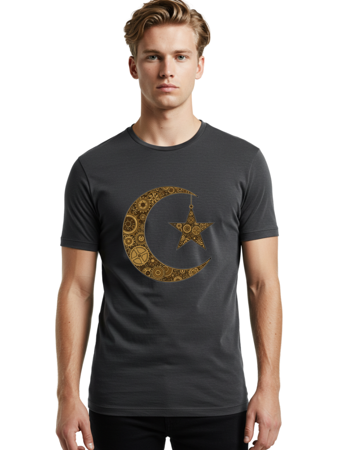 Crescent-Moon-And-Star Men'S Graphic Tee, 100% Cotton, Comfortable Casual Summer Wear, Machine Washable, Crescent Moon Symbol, Hanging Star, Intricate Gears, Mechanical Design, Steampunk Elements, Islamic Symbols, Ornate Details, Bac931