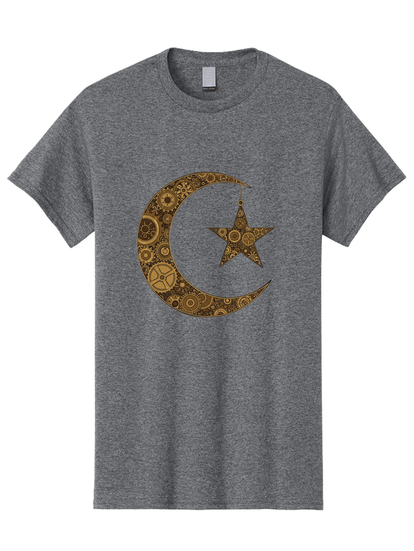 Crescent-Moon-And-Star Men'S Graphic Tee, 100% Cotton, Comfortable Casual Summer Wear, Machine Washable, Crescent Moon Symbol, Hanging Star, Intricate Gears, Mechanical Design, Steampunk Elements, Islamic Symbols, Ornate Details, Bac931