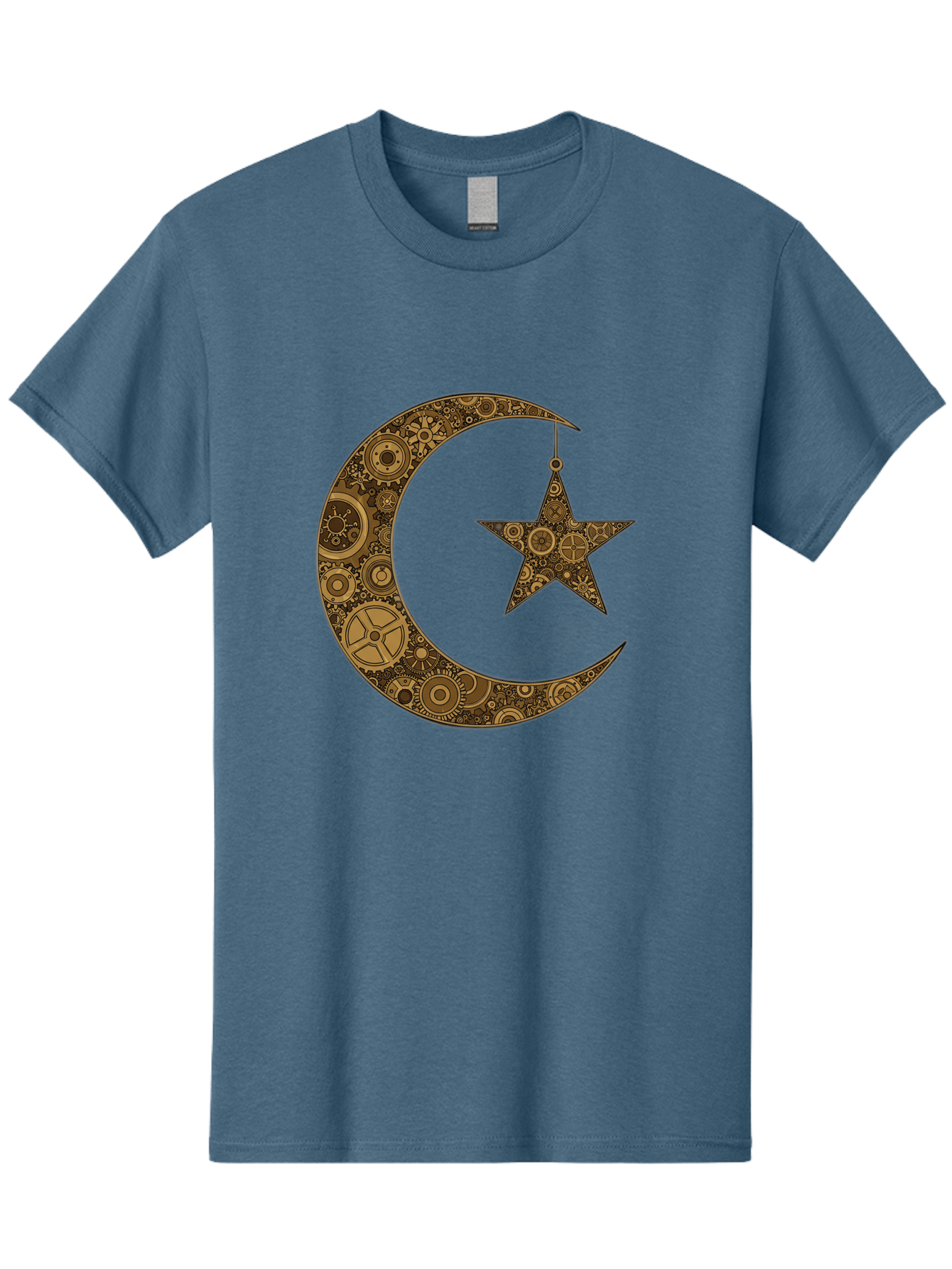 Crescent-Moon-And-Star Men'S Graphic Tee, 100% Cotton, Comfortable Casual Summer Wear, Machine Washable, Crescent Moon Symbol, Hanging Star, Intricate Gears, Mechanical Design, Steampunk Elements, Islamic Symbols, Ornate Details, Bac931