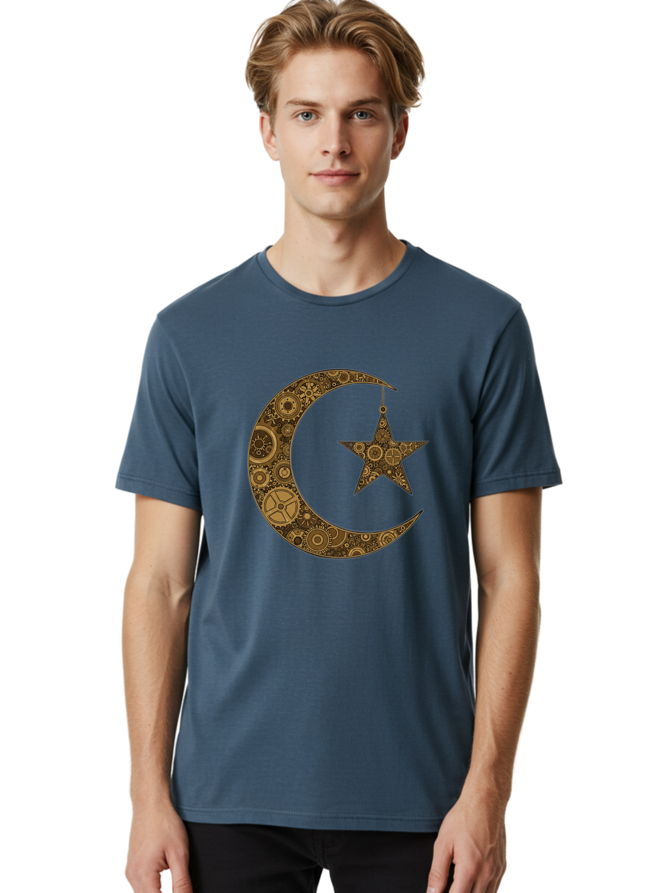 Crescent-Moon-And-Star Men'S Graphic Tee, 100% Cotton, Comfortable Casual Summer Wear, Machine Washable, Crescent Moon Symbol, Hanging Star, Intricate Gears, Mechanical Design, Steampunk Elements, Islamic Symbols, Ornate Details, Bac931