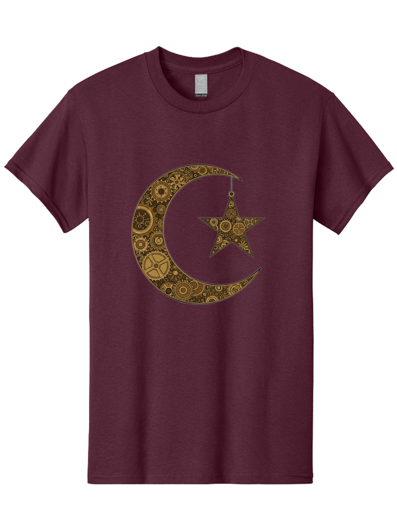 Crescent-Moon-And-Star Men'S Graphic Tee, 100% Cotton, Comfortable Casual Summer Wear, Machine Washable, Crescent Moon Symbol, Hanging Star, Intricate Gears, Mechanical Design, Steampunk Elements, Islamic Symbols, Ornate Details, Bac931