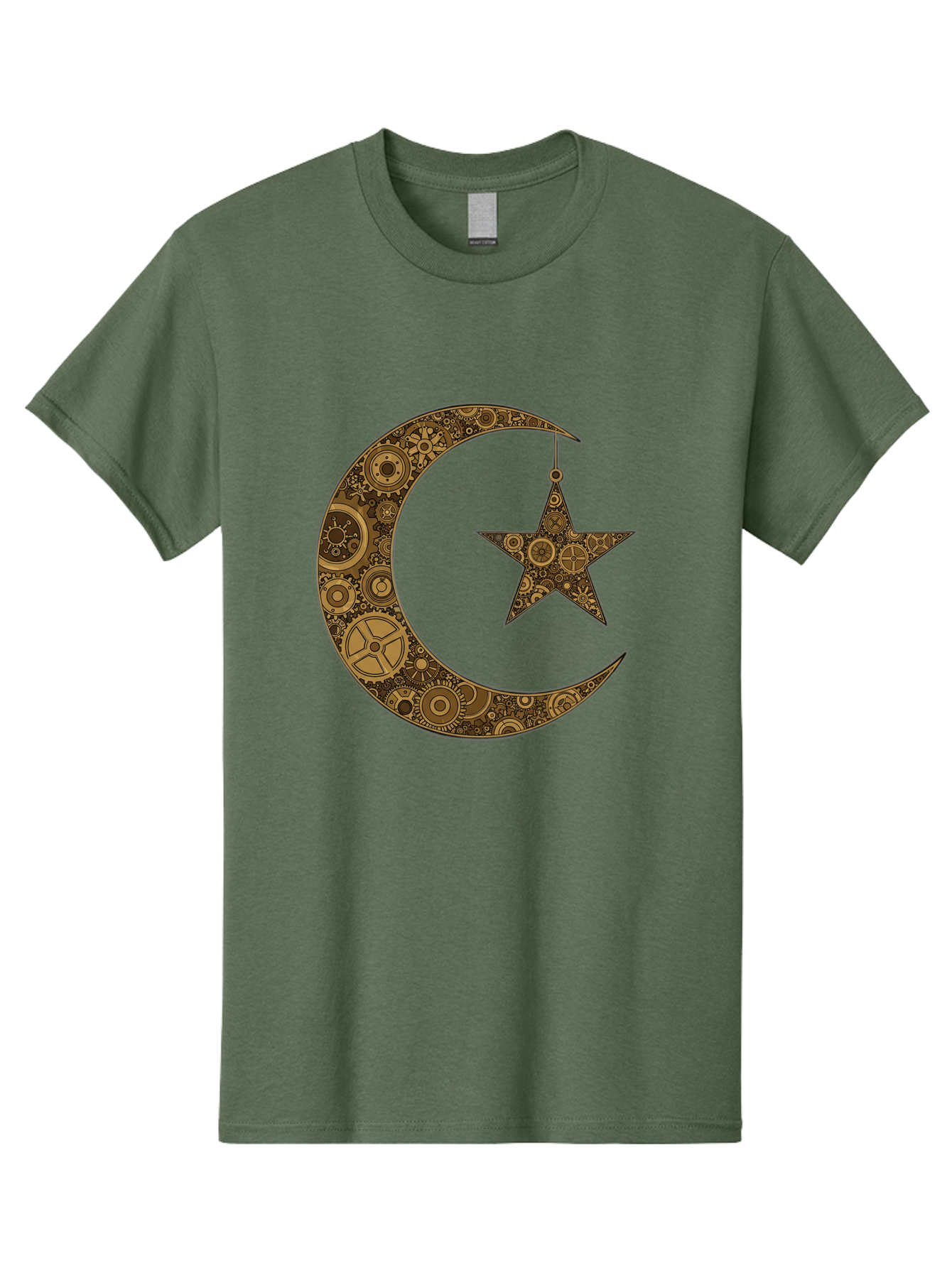 Crescent-Moon-And-Star Men'S Graphic Tee, 100% Cotton, Comfortable Casual Summer Wear, Machine Washable, Crescent Moon Symbol, Hanging Star, Intricate Gears, Mechanical Design, Steampunk Elements, Islamic Symbols, Ornate Details, Bac931