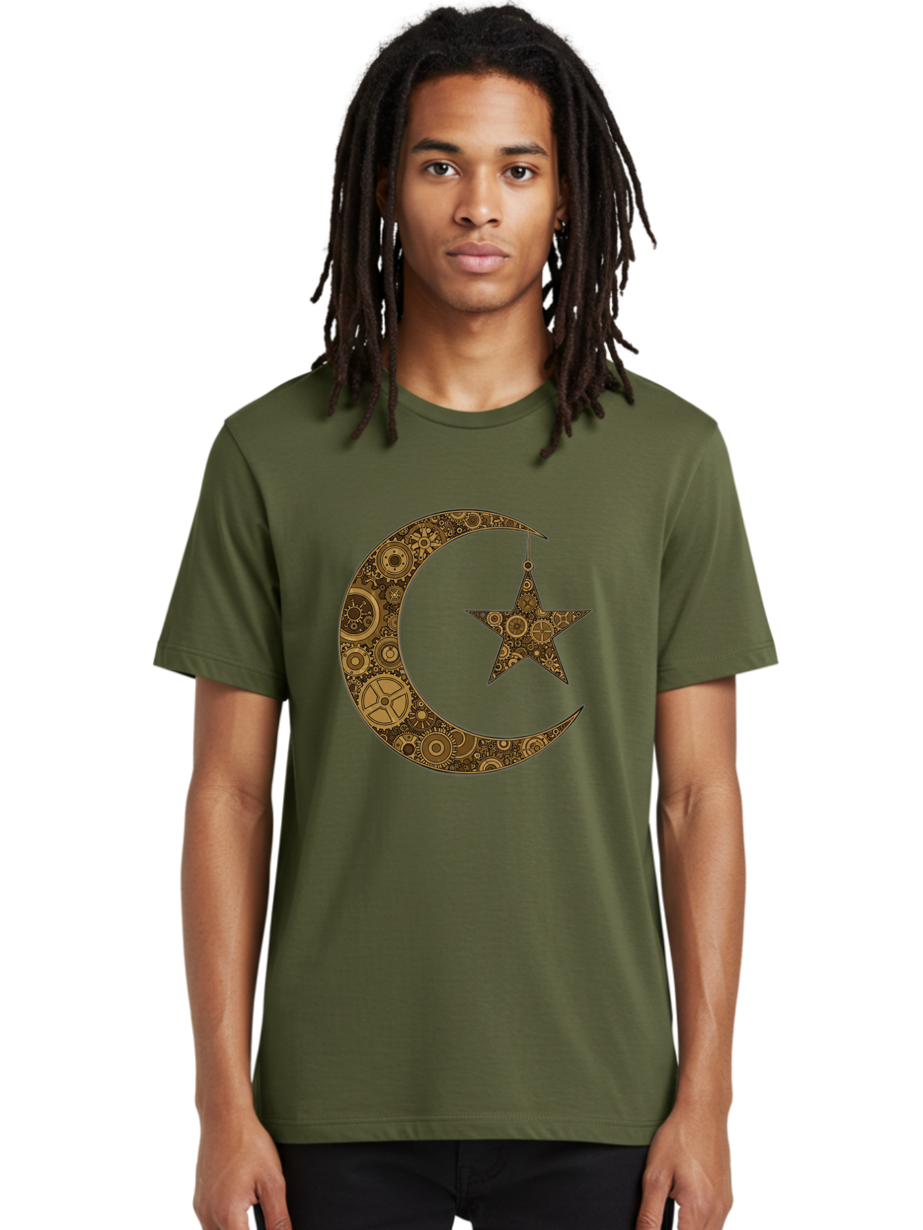 Crescent-Moon-And-Star Men'S Graphic Tee, 100% Cotton, Comfortable Casual Summer Wear, Machine Washable, Crescent Moon Symbol, Hanging Star, Intricate Gears, Mechanical Design, Steampunk Elements, Islamic Symbols, Ornate Details, Bac931