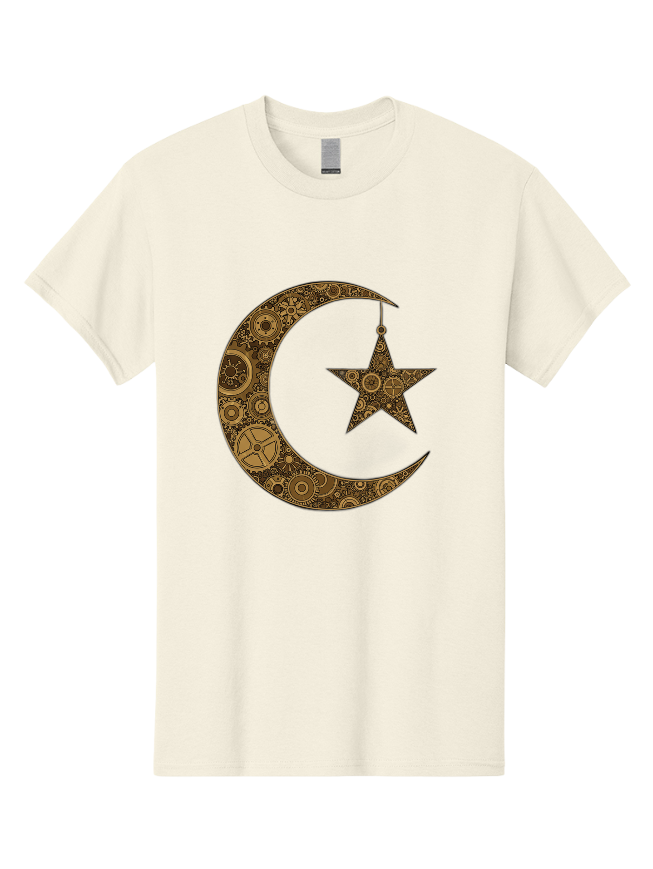 Crescent-Moon-And-Star Men'S Graphic Tee, 100% Cotton, Comfortable Casual Summer Wear, Machine Washable, Crescent Moon Symbol, Hanging Star, Intricate Gears, Mechanical Design, Steampunk Elements, Islamic Symbols, Ornate Details, Bac931