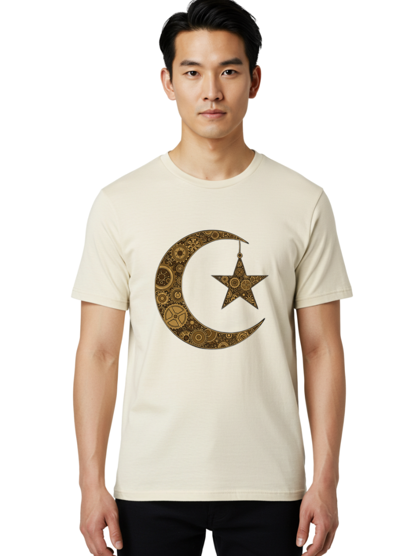 Crescent-Moon-And-Star Men'S Graphic Tee, 100% Cotton, Comfortable Casual Summer Wear, Machine Washable, Crescent Moon Symbol, Hanging Star, Intricate Gears, Mechanical Design, Steampunk Elements, Islamic Symbols, Ornate Details, Bac931