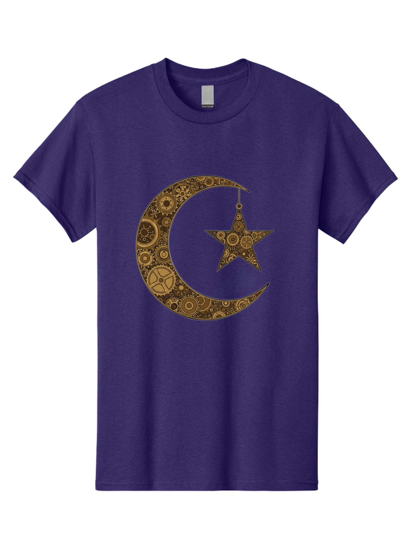 Crescent-Moon-And-Star Men'S Graphic Tee, 100% Cotton, Comfortable Casual Summer Wear, Machine Washable, Crescent Moon Symbol, Hanging Star, Intricate Gears, Mechanical Design, Steampunk Elements, Islamic Symbols, Ornate Details, Bac931