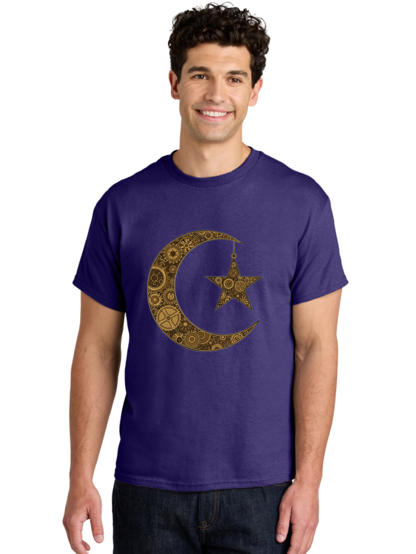 Crescent-Moon-And-Star Men'S Graphic Tee, 100% Cotton, Comfortable Casual Summer Wear, Machine Washable, Crescent Moon Symbol, Hanging Star, Intricate Gears, Mechanical Design, Steampunk Elements, Islamic Symbols, Ornate Details, Bac931