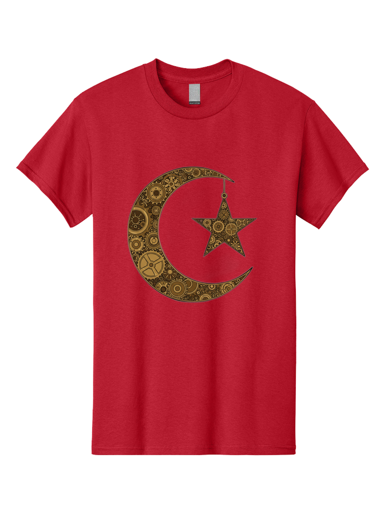 Crescent-Moon-And-Star Men'S Graphic Tee, 100% Cotton, Comfortable Casual Summer Wear, Machine Washable, Crescent Moon Symbol, Hanging Star, Intricate Gears, Mechanical Design, Steampunk Elements, Islamic Symbols, Ornate Details, Bac931