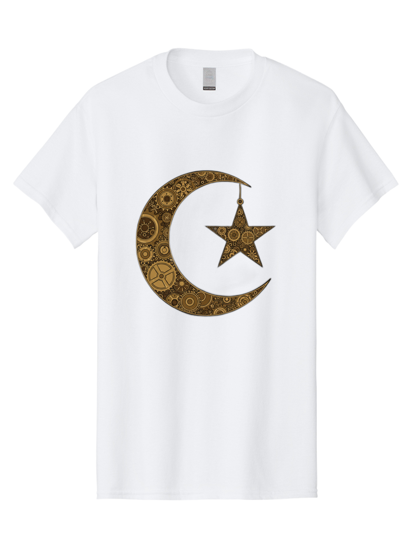 Crescent-Moon-And-Star Men'S Graphic Tee, 100% Cotton, Comfortable Casual Summer Wear, Machine Washable, Crescent Moon Symbol, Hanging Star, Intricate Gears, Mechanical Design, Steampunk Elements, Islamic Symbols, Ornate Details, Bac931