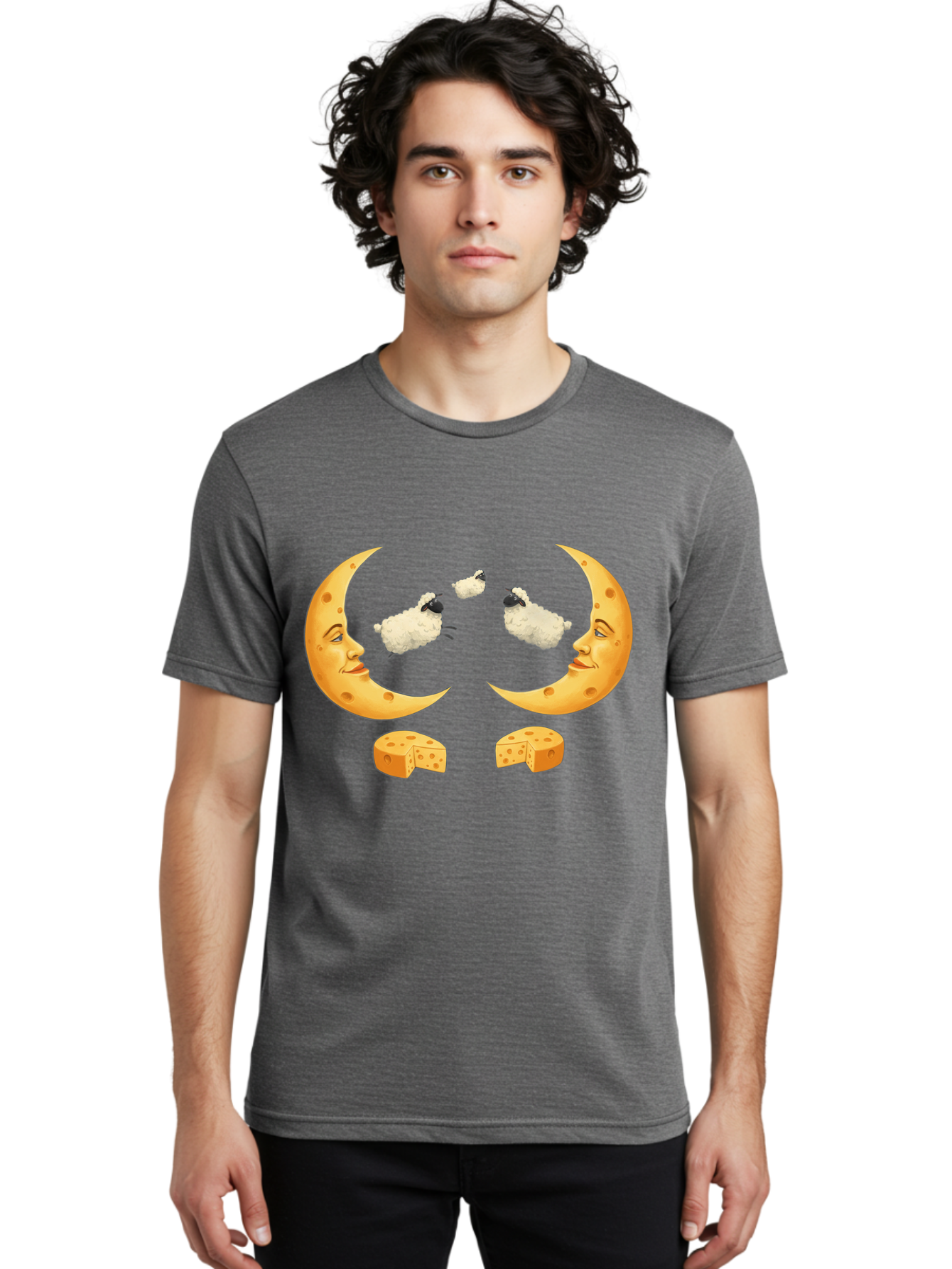 Crescent-Moon-Faces-With-Sheep-And-Cheese Men'S Graphic Tee, 100% Cotton, Comfortable Casual Summer Wear, Machine Washable, Sheep Jumping Over Cheese, Cheese Crescent Moon, Smiling Faces, Whimsical Illustration, Dairy Products, Moonlit Scene, Bac932