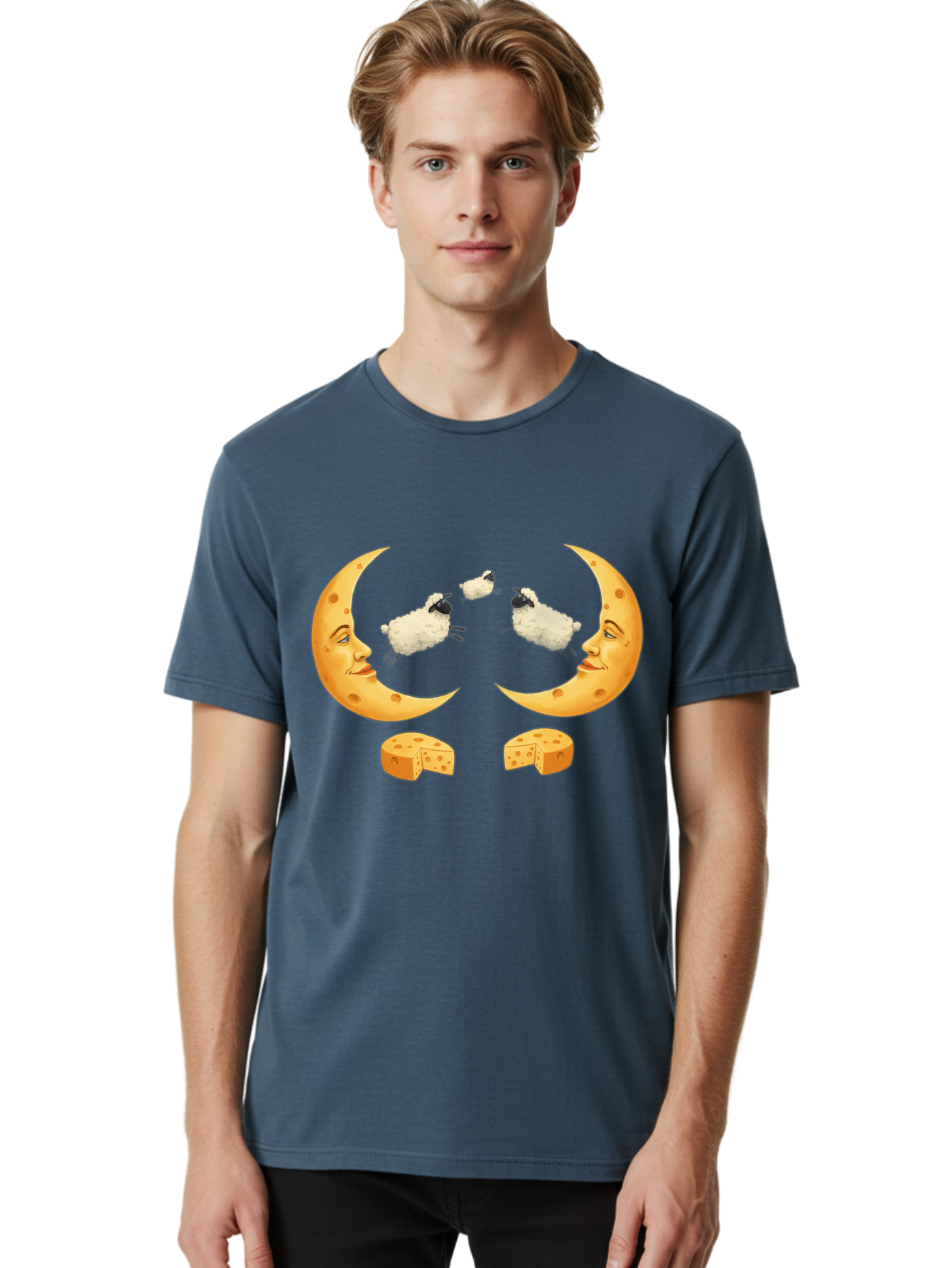 Crescent-Moon-Faces-With-Sheep-And-Cheese Men'S Graphic Tee, 100% Cotton, Comfortable Casual Summer Wear, Machine Washable, Sheep Jumping Over Cheese, Cheese Crescent Moon, Smiling Faces, Whimsical Illustration, Dairy Products, Moonlit Scene, Bac932