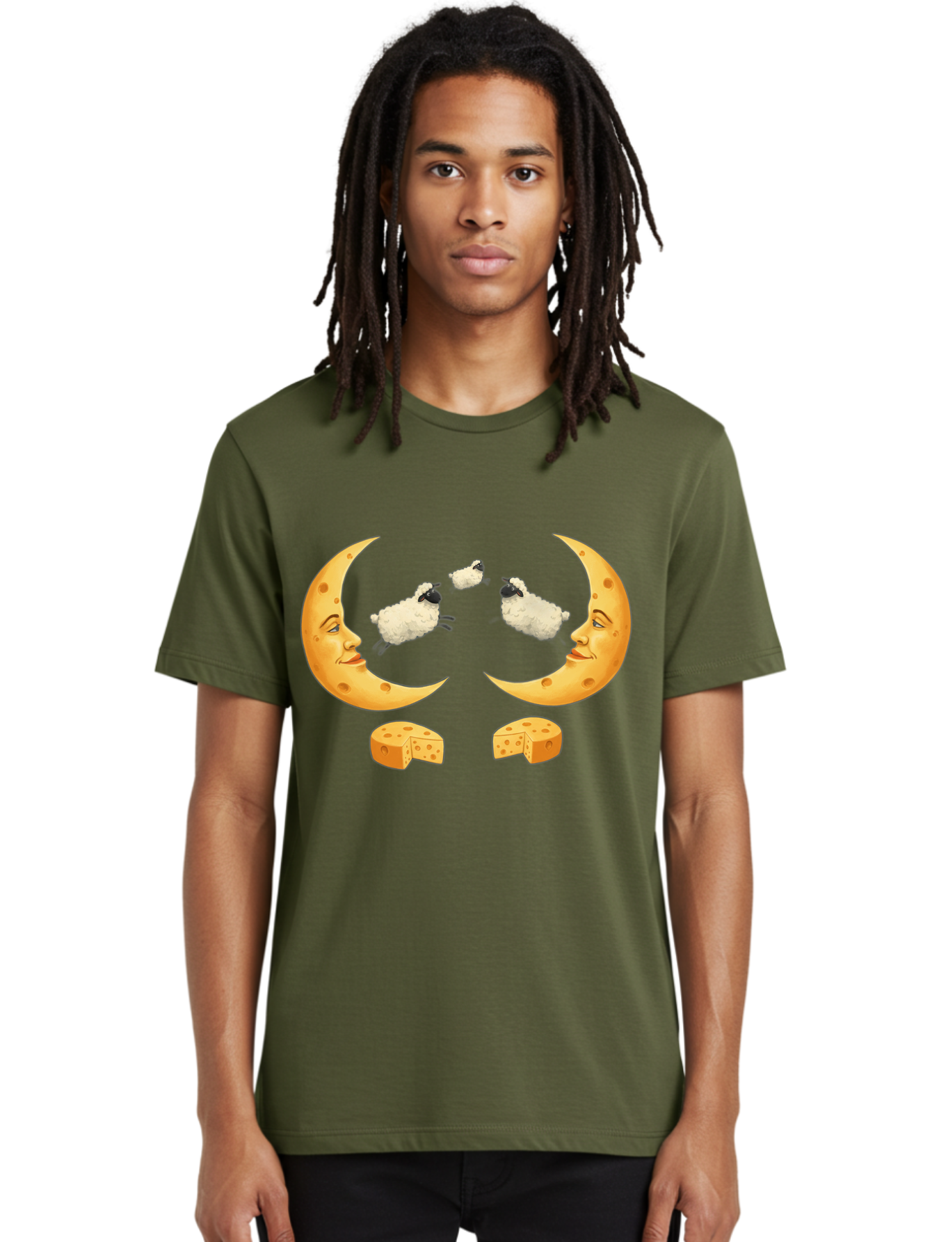 Crescent-Moon-Faces-With-Sheep-And-Cheese Men'S Graphic Tee, 100% Cotton, Comfortable Casual Summer Wear, Machine Washable, Sheep Jumping Over Cheese, Cheese Crescent Moon, Smiling Faces, Whimsical Illustration, Dairy Products, Moonlit Scene, Bac932