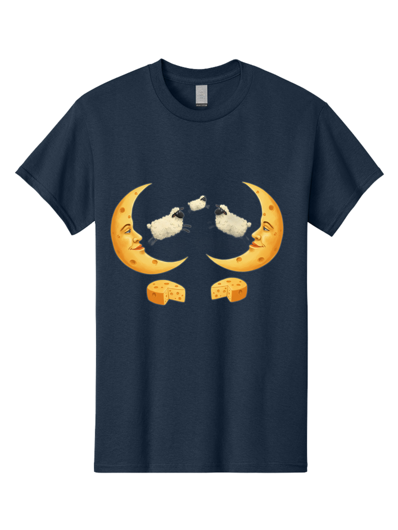 Crescent-Moon-Faces-With-Sheep-And-Cheese Men'S Graphic Tee, 100% Cotton, Comfortable Casual Summer Wear, Machine Washable, Sheep Jumping Over Cheese, Cheese Crescent Moon, Smiling Faces, Whimsical Illustration, Dairy Products, Moonlit Scene, Bac932