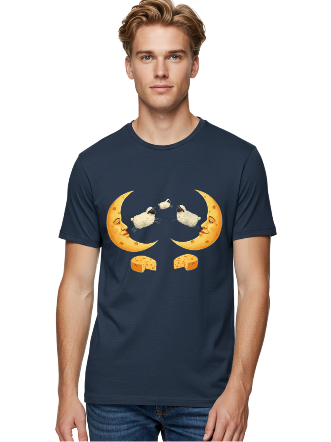 Crescent-Moon-Faces-With-Sheep-And-Cheese Men'S Graphic Tee, 100% Cotton, Comfortable Casual Summer Wear, Machine Washable, Sheep Jumping Over Cheese, Cheese Crescent Moon, Smiling Faces, Whimsical Illustration, Dairy Products, Moonlit Scene, Bac932