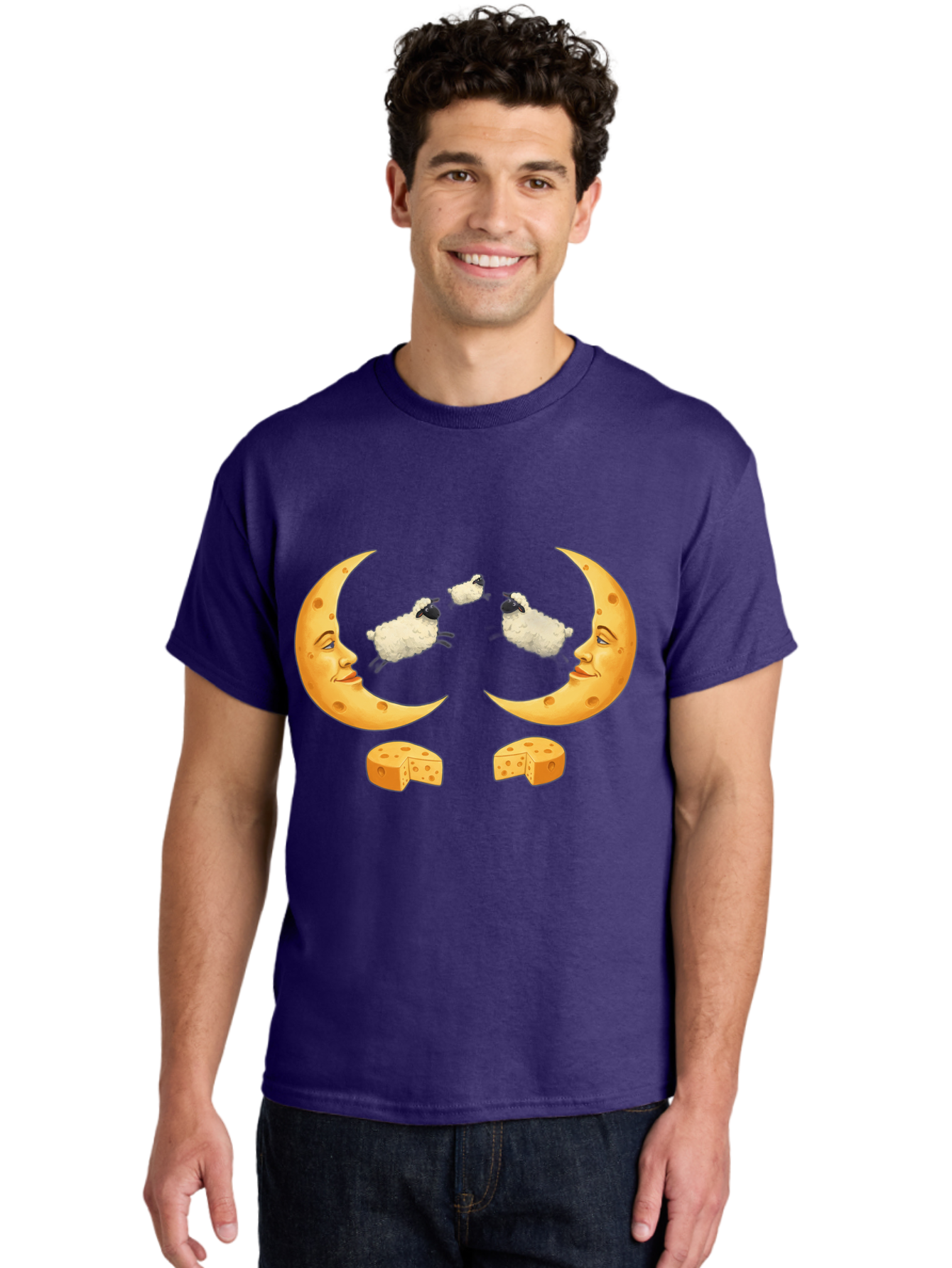Crescent-Moon-Faces-With-Sheep-And-Cheese Men'S Graphic Tee, 100% Cotton, Comfortable Casual Summer Wear, Machine Washable, Sheep Jumping Over Cheese, Cheese Crescent Moon, Smiling Faces, Whimsical Illustration, Dairy Products, Moonlit Scene, Bac932