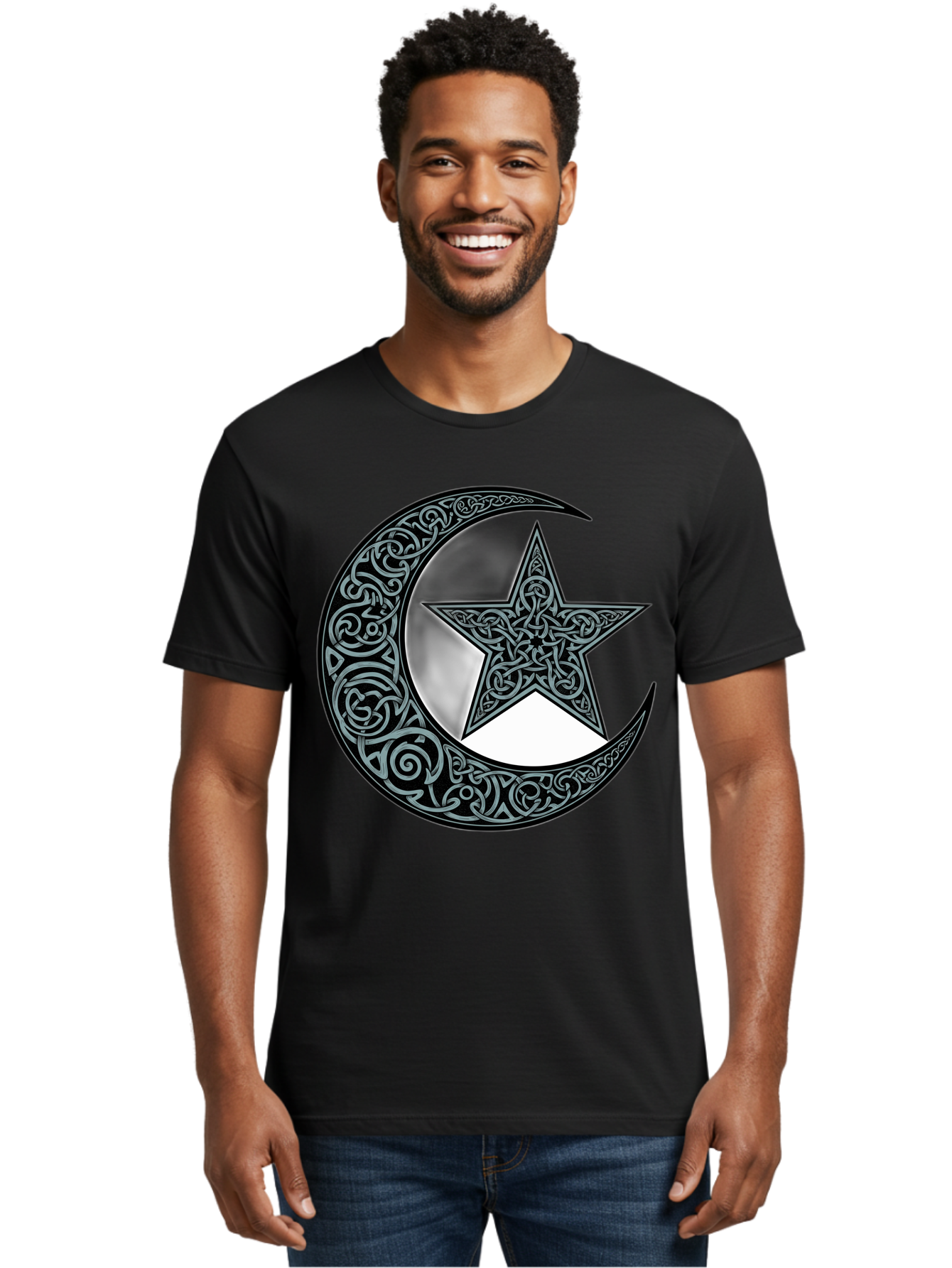 Crescent-Moon-Star Men'S Graphic Tee, 100% Cotton, Comfortable Casual Summer Wear, Machine Washable, Crescent Moon, Star Symbol, Islamic Symbol, Arabic Art, Intricate Designs, Ornate Patterns, Cultural Heritage, Islamic Art, Bac933