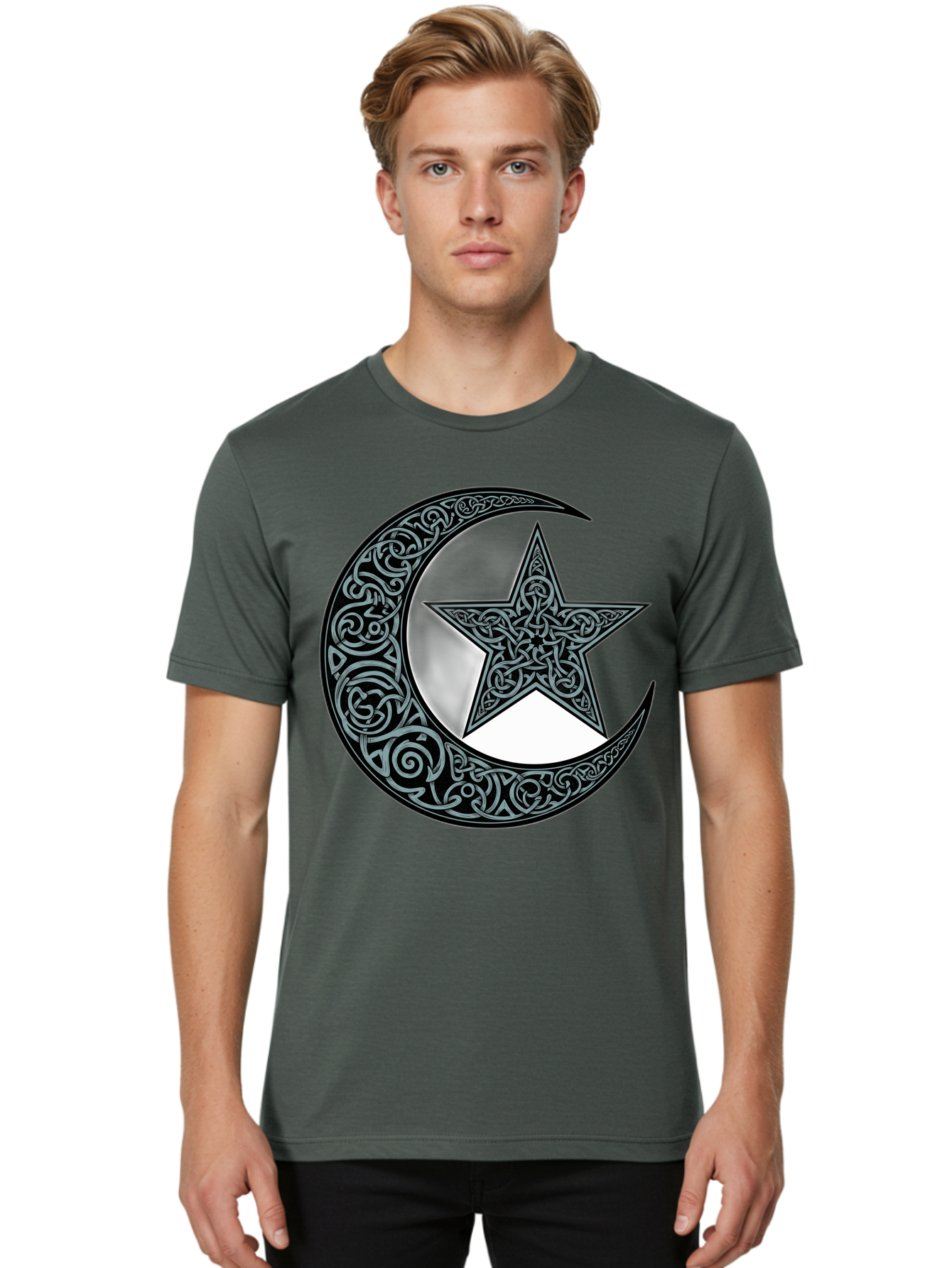 Crescent-Moon-Star Men'S Graphic Tee, 100% Cotton, Comfortable Casual Summer Wear, Machine Washable, Crescent Moon, Star Symbol, Islamic Symbol, Arabic Art, Intricate Designs, Ornate Patterns, Cultural Heritage, Islamic Art, Bac933