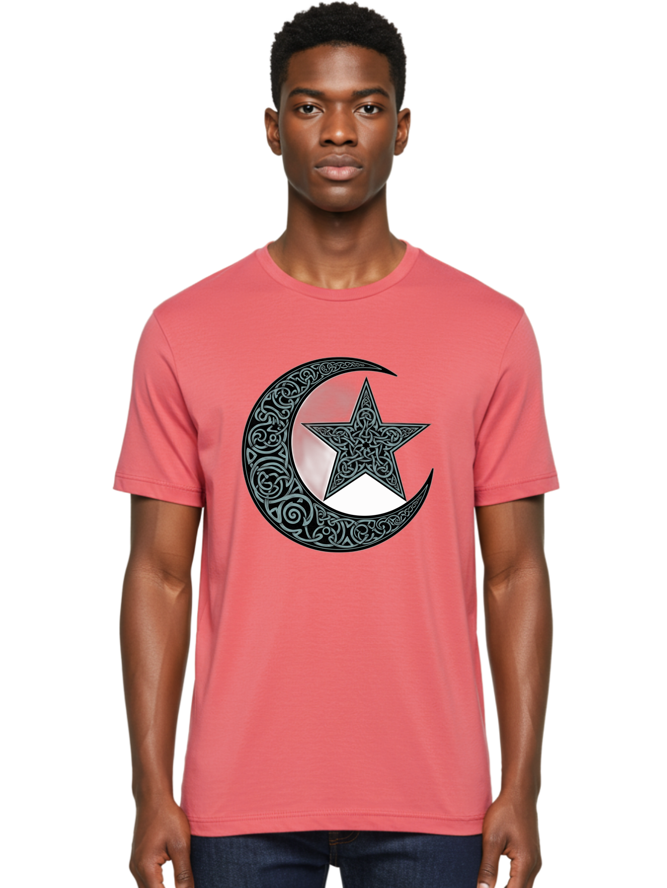 Crescent-Moon-Star Men'S Graphic Tee, 100% Cotton, Comfortable Casual Summer Wear, Machine Washable, Crescent Moon, Star Symbol, Islamic Symbol, Arabic Art, Intricate Designs, Ornate Patterns, Cultural Heritage, Islamic Art, Bac933