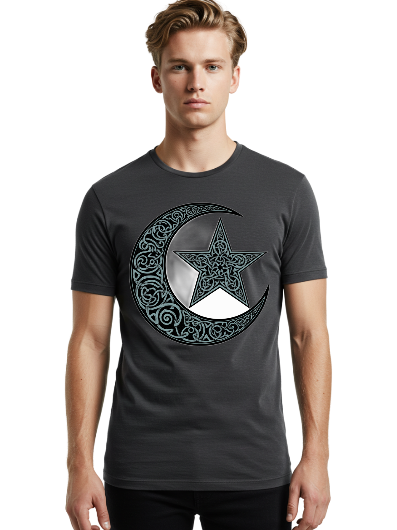 Crescent-Moon-Star Men'S Graphic Tee, 100% Cotton, Comfortable Casual Summer Wear, Machine Washable, Crescent Moon, Star Symbol, Islamic Symbol, Arabic Art, Intricate Designs, Ornate Patterns, Cultural Heritage, Islamic Art, Bac933