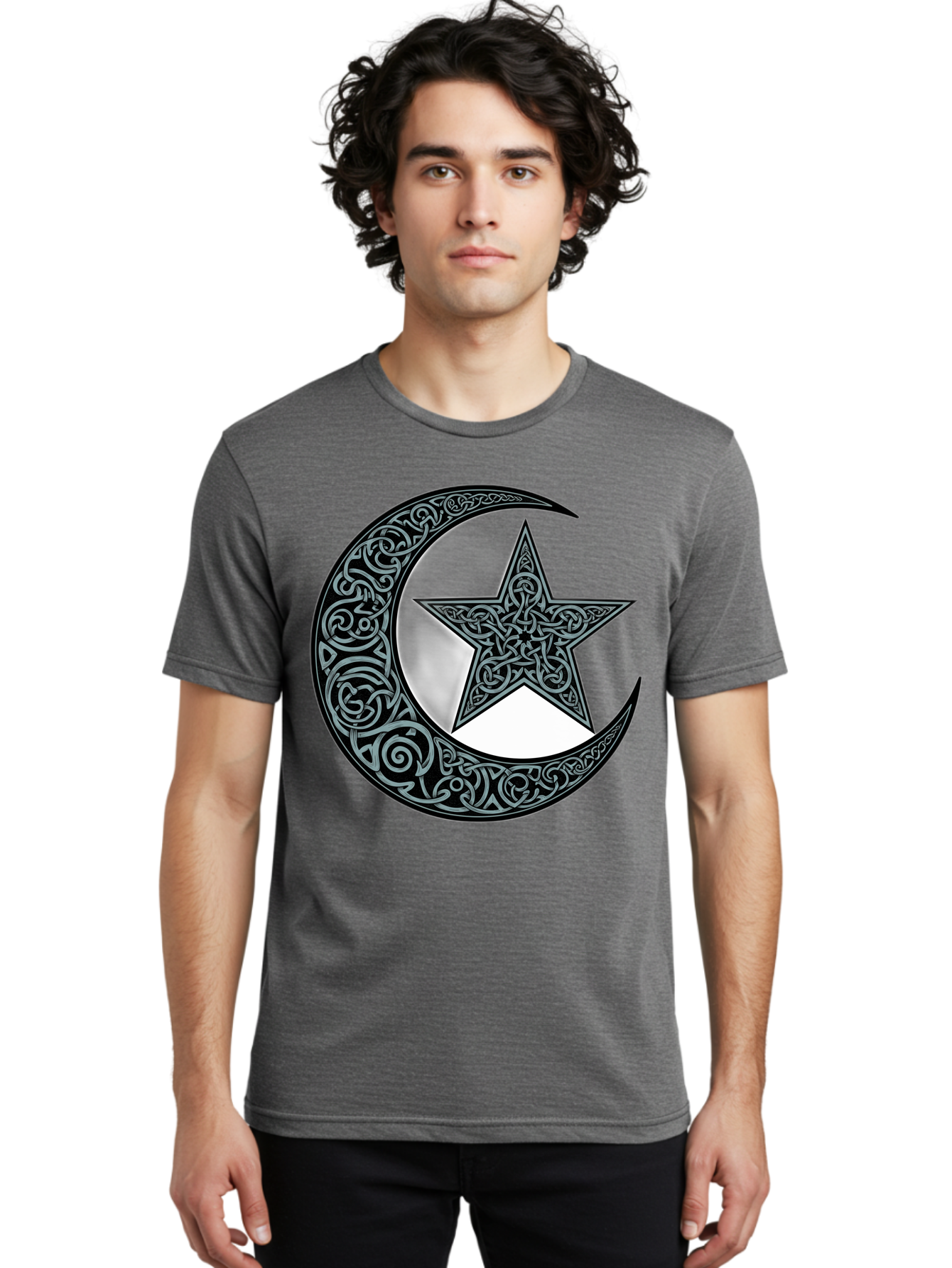Crescent-Moon-Star Men'S Graphic Tee, 100% Cotton, Comfortable Casual Summer Wear, Machine Washable, Crescent Moon, Star Symbol, Islamic Symbol, Arabic Art, Intricate Designs, Ornate Patterns, Cultural Heritage, Islamic Art, Bac933