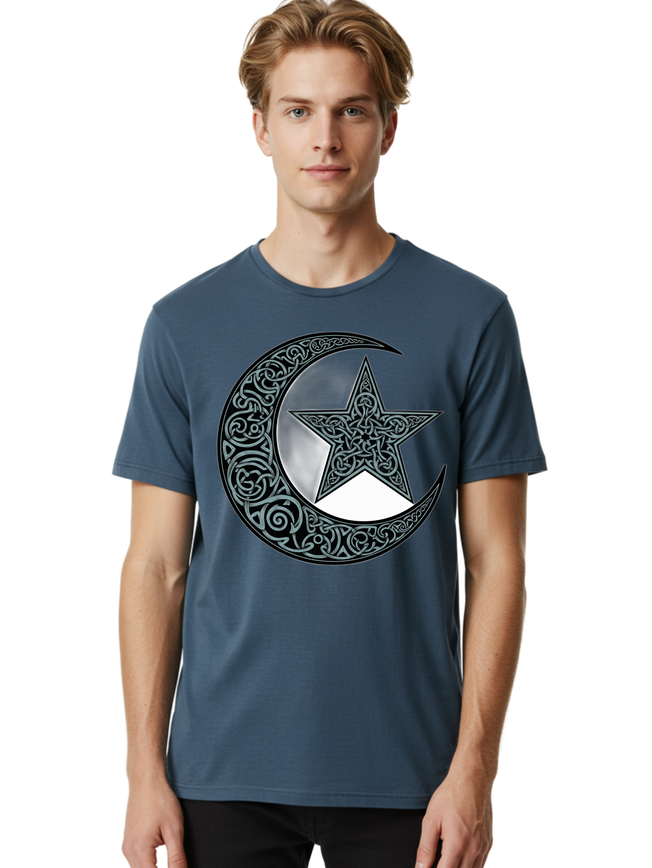 Crescent-Moon-Star Men'S Graphic Tee, 100% Cotton, Comfortable Casual Summer Wear, Machine Washable, Crescent Moon, Star Symbol, Islamic Symbol, Arabic Art, Intricate Designs, Ornate Patterns, Cultural Heritage, Islamic Art, Bac933
