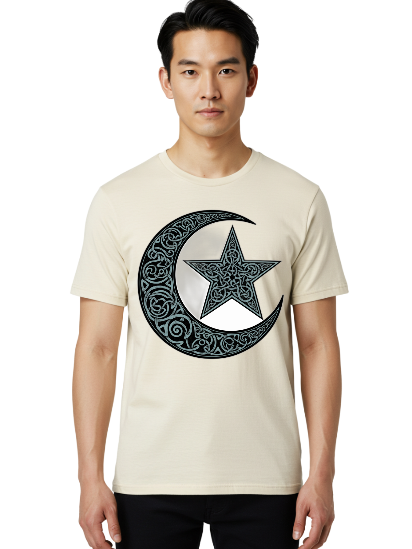 Crescent-Moon-Star Men'S Graphic Tee, 100% Cotton, Comfortable Casual Summer Wear, Machine Washable, Crescent Moon, Star Symbol, Islamic Symbol, Arabic Art, Intricate Designs, Ornate Patterns, Cultural Heritage, Islamic Art, Bac933