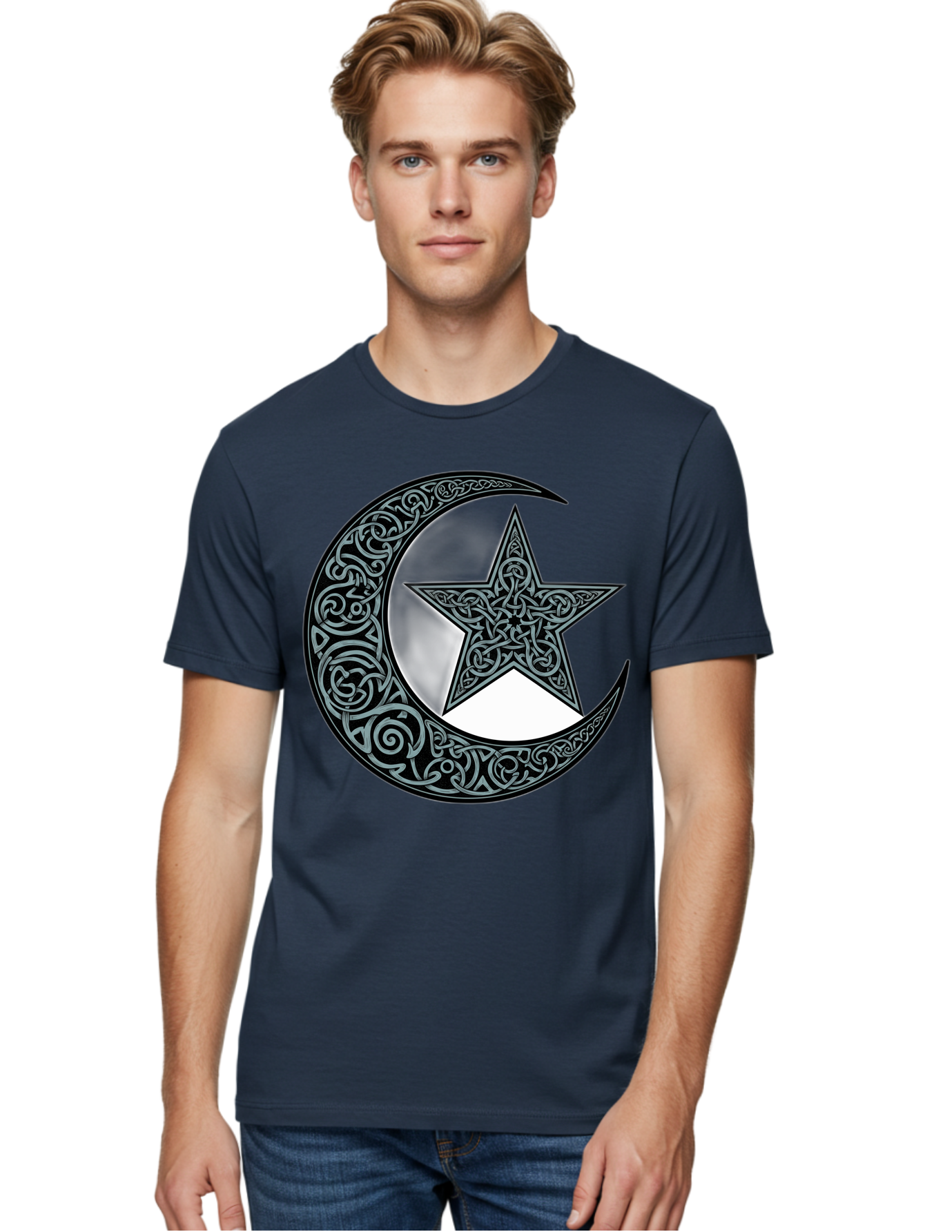 Crescent-Moon-Star Men'S Graphic Tee, 100% Cotton, Comfortable Casual Summer Wear, Machine Washable, Crescent Moon, Star Symbol, Islamic Symbol, Arabic Art, Intricate Designs, Ornate Patterns, Cultural Heritage, Islamic Art, Bac933