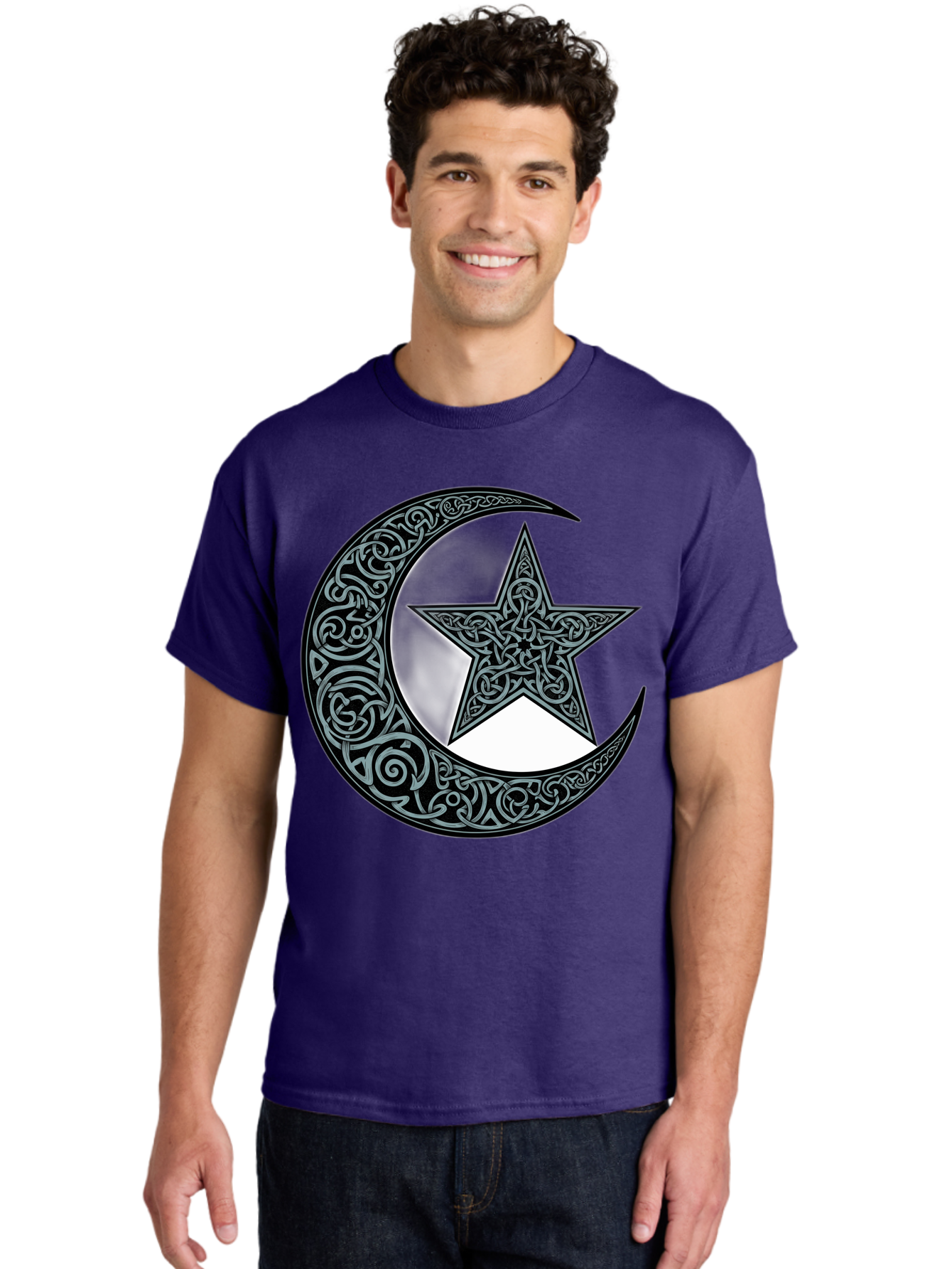 Crescent-Moon-Star Men'S Graphic Tee, 100% Cotton, Comfortable Casual Summer Wear, Machine Washable, Crescent Moon, Star Symbol, Islamic Symbol, Arabic Art, Intricate Designs, Ornate Patterns, Cultural Heritage, Islamic Art, Bac933