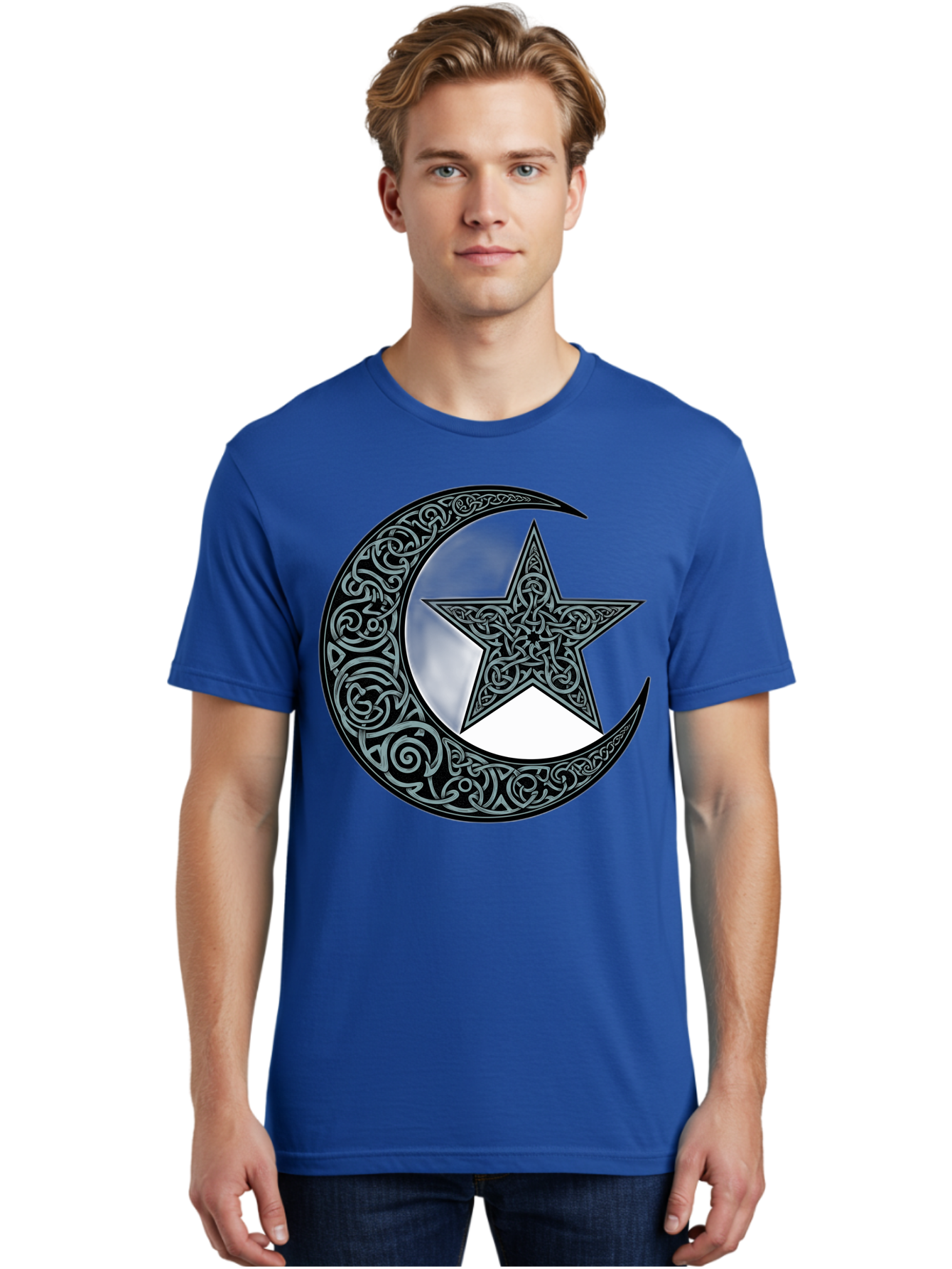 Crescent-Moon-Star Men'S Graphic Tee, 100% Cotton, Comfortable Casual Summer Wear, Machine Washable, Crescent Moon, Star Symbol, Islamic Symbol, Arabic Art, Intricate Designs, Ornate Patterns, Cultural Heritage, Islamic Art, Bac933
