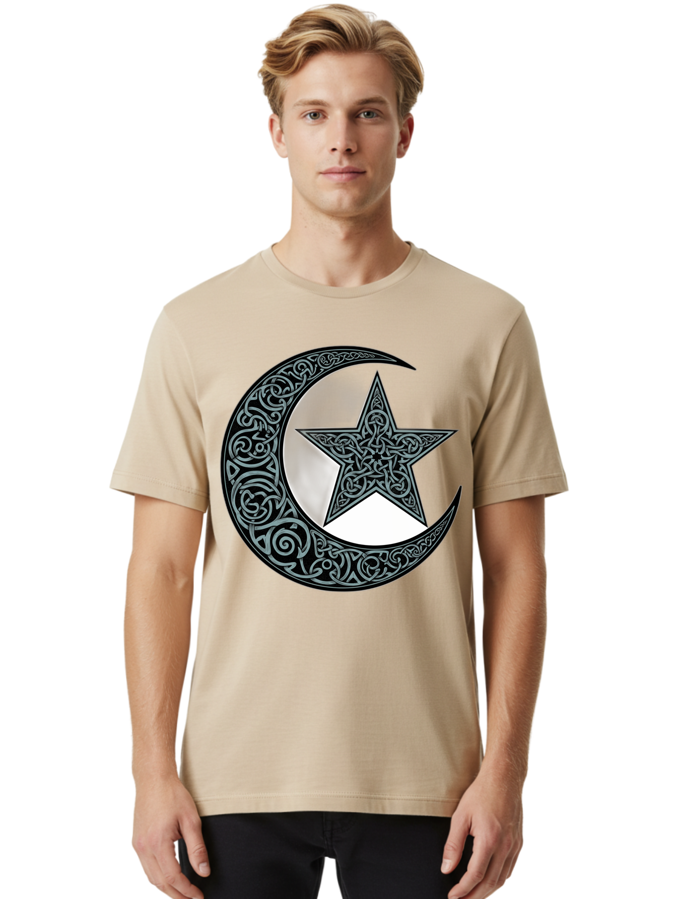 Crescent-Moon-Star Men'S Graphic Tee, 100% Cotton, Comfortable Casual Summer Wear, Machine Washable, Crescent Moon, Star Symbol, Islamic Symbol, Arabic Art, Intricate Designs, Ornate Patterns, Cultural Heritage, Islamic Art, Bac933