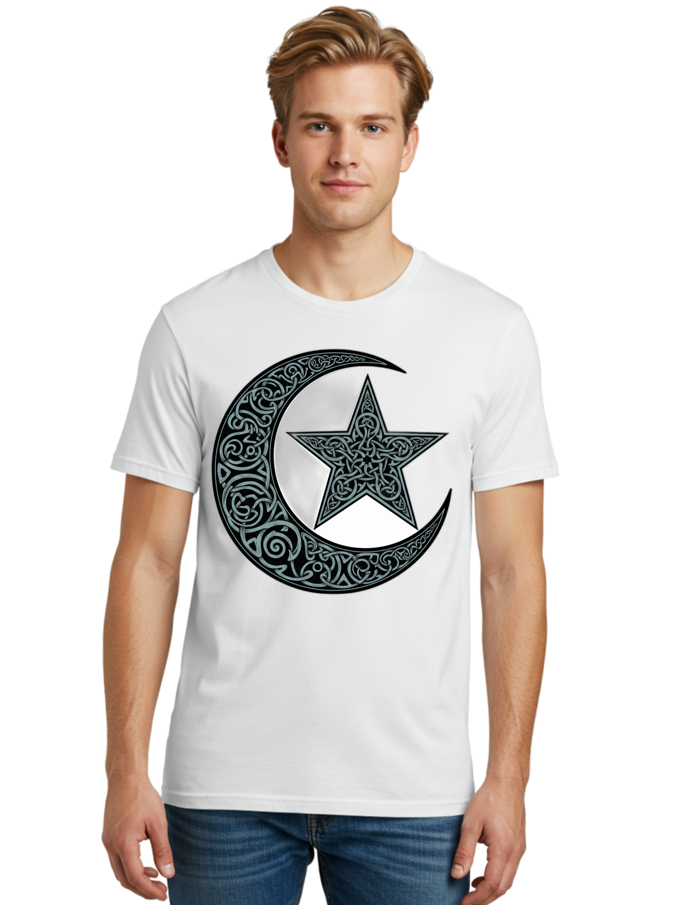 Crescent-Moon-Star Men'S Graphic Tee, 100% Cotton, Comfortable Casual Summer Wear, Machine Washable, Crescent Moon, Star Symbol, Islamic Symbol, Arabic Art, Intricate Designs, Ornate Patterns, Cultural Heritage, Islamic Art, Bac933