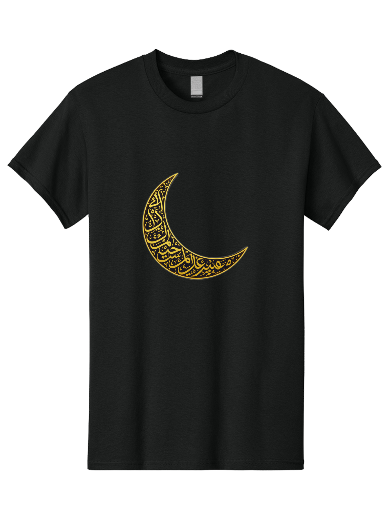 Crescent-Moon-With-Arabic-Calligraphy Men'S Graphic Tee, 100% Cotton, Comfortable Casual Summer Wear, Machine Washable, Crescent Moon, Islamic Calligraphy, Arabic Script, Golden Hues, Intricate Patterns, Traditional Islamic Art, Ramadan Symbol Bac934