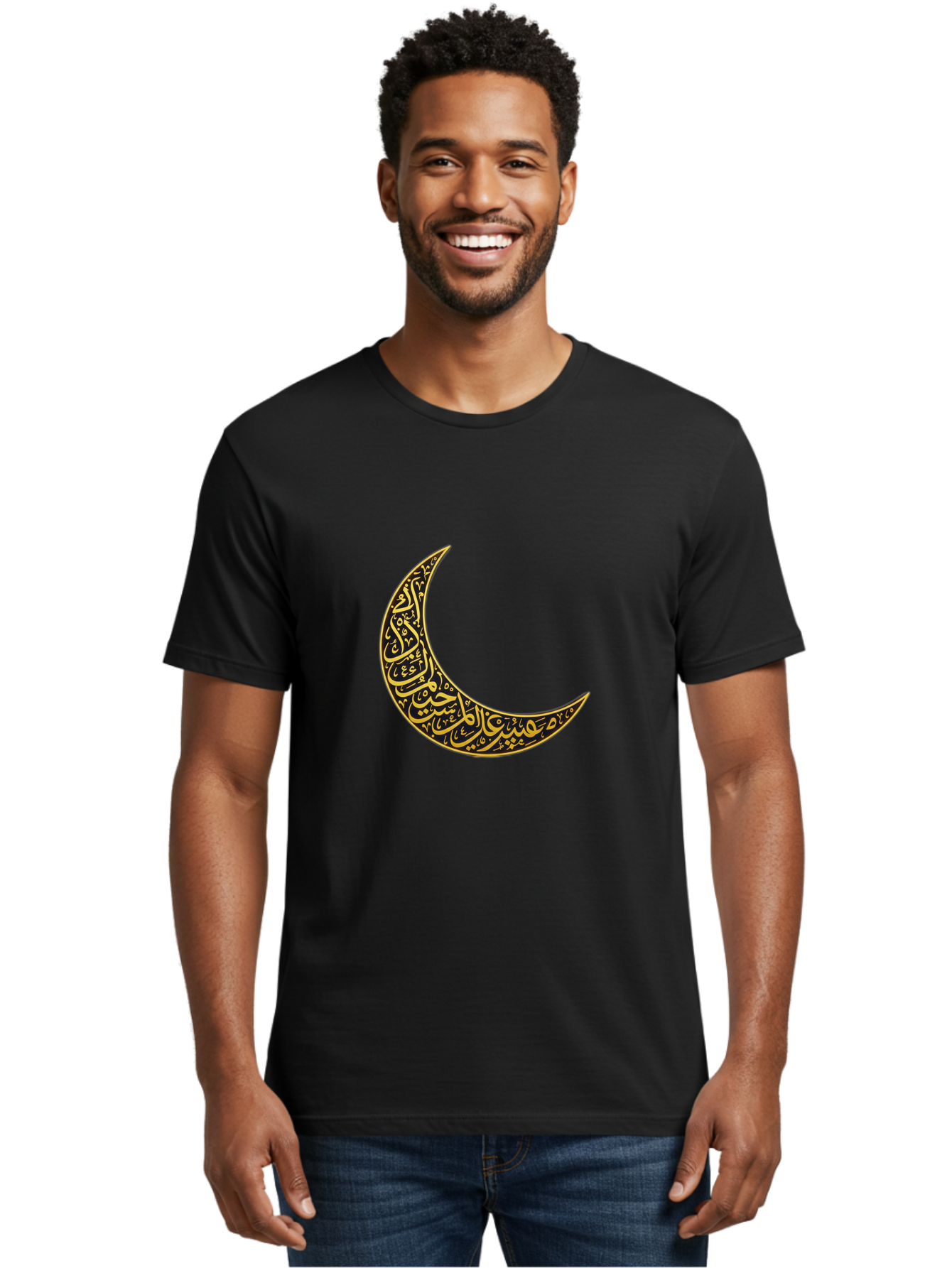 Crescent-Moon-With-Arabic-Calligraphy Men'S Graphic Tee, 100% Cotton, Comfortable Casual Summer Wear, Machine Washable, Crescent Moon, Islamic Calligraphy, Arabic Script, Golden Hues, Intricate Patterns, Traditional Islamic Art, Ramadan Symbol Bac934