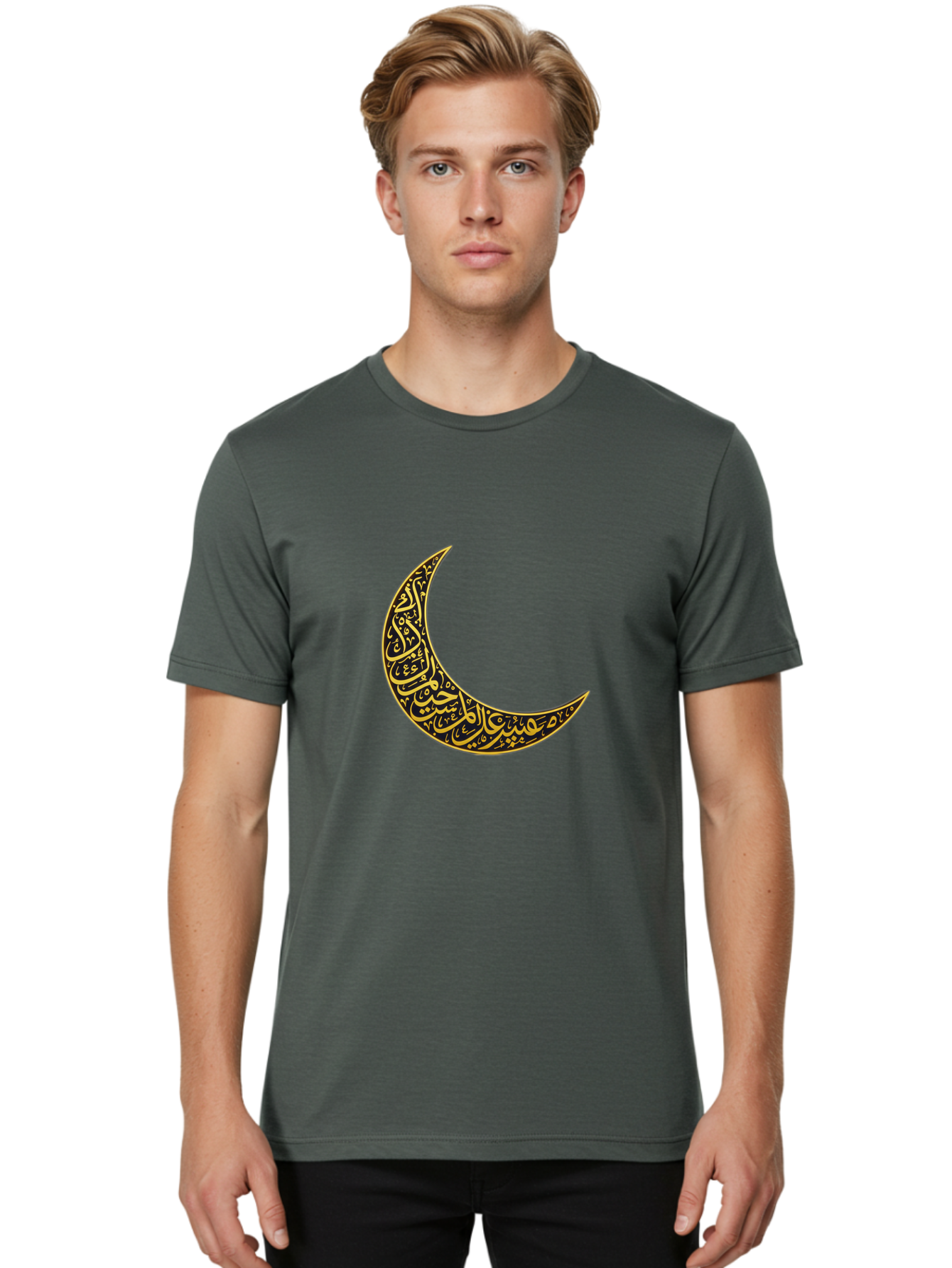 Crescent-Moon-With-Arabic-Calligraphy Men'S Graphic Tee, 100% Cotton, Comfortable Casual Summer Wear, Machine Washable, Crescent Moon, Islamic Calligraphy, Arabic Script, Golden Hues, Intricate Patterns, Traditional Islamic Art, Ramadan Symbol Bac934